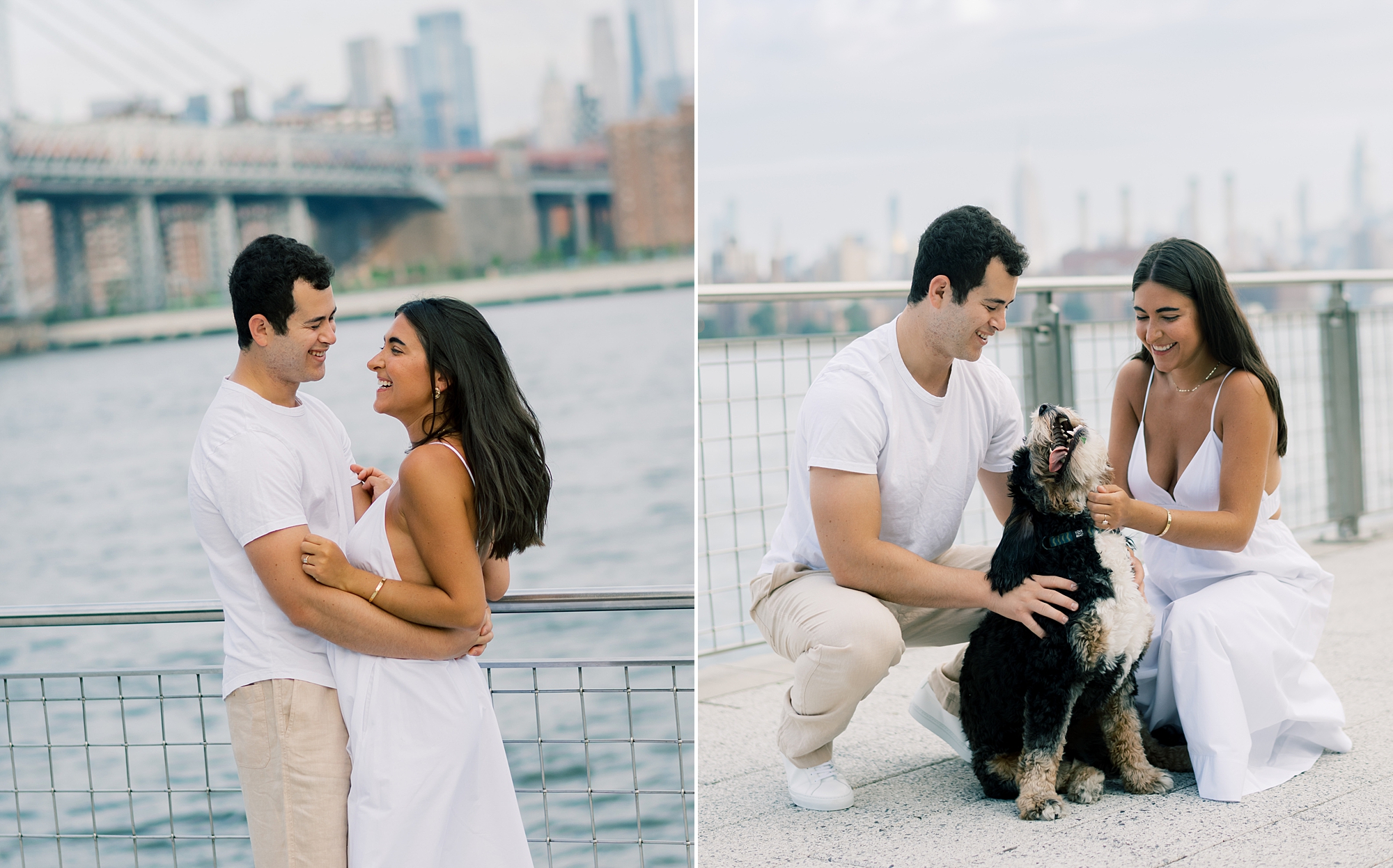 bride and groom hug during Domino Park engagement session