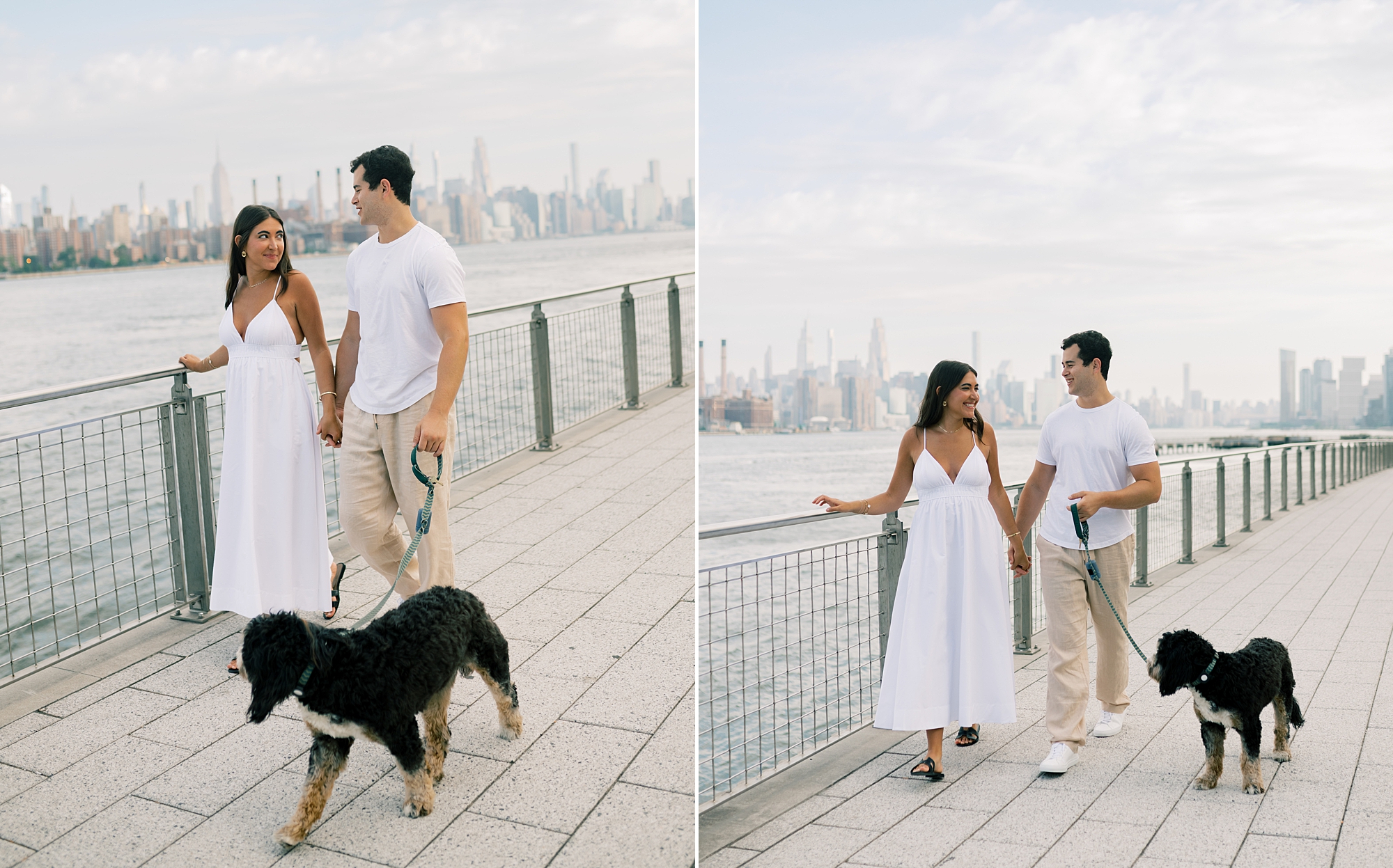 man and woman hold hands walking dog through Domino Park