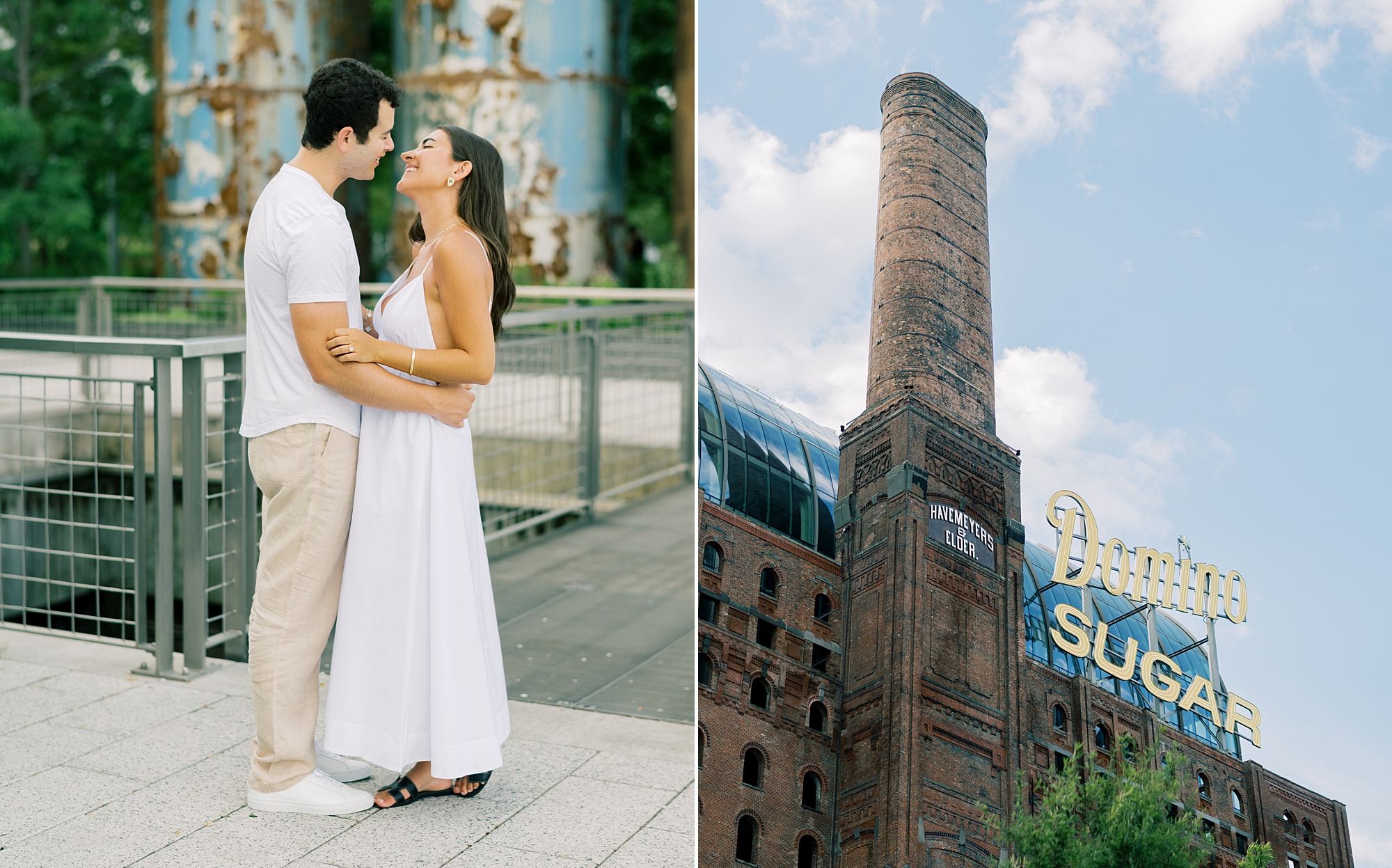 couple hugs in front of old building in Williamsburg NY
