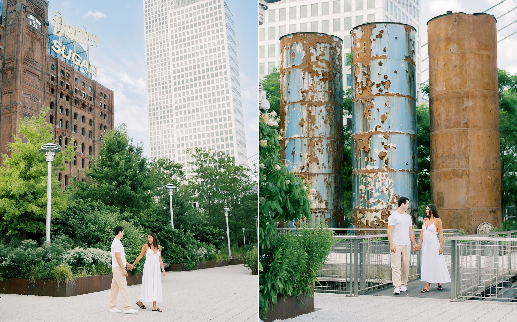 couple holds hands walking by old buildings during Brooklyn NY engagement session in Williamsburg