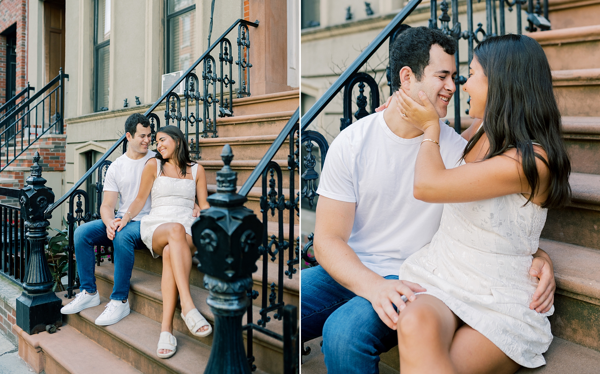 man and woman sit on steps of Brooklyn town house