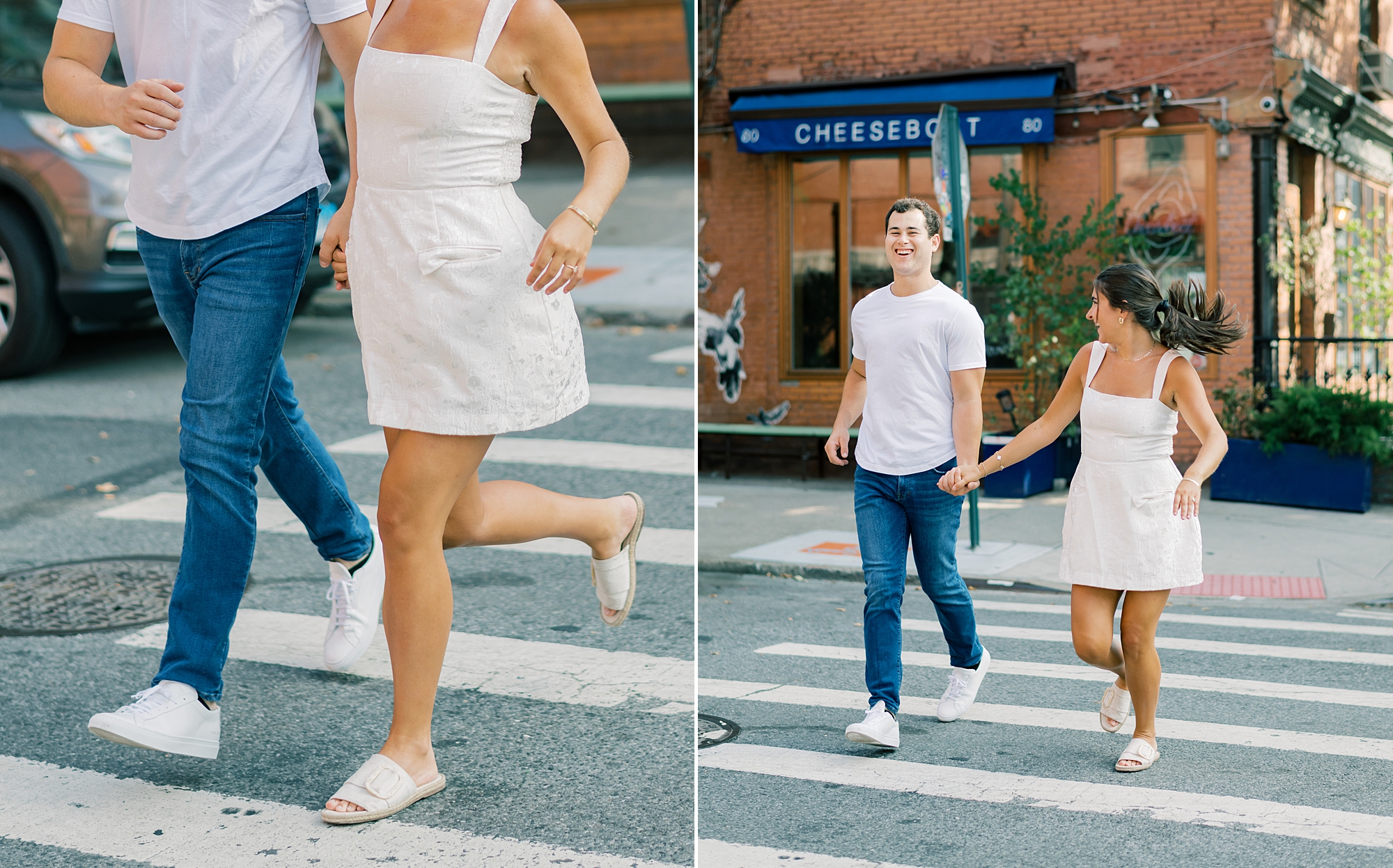 engaged couple holds hands running through street in Williamsburg neighborhood