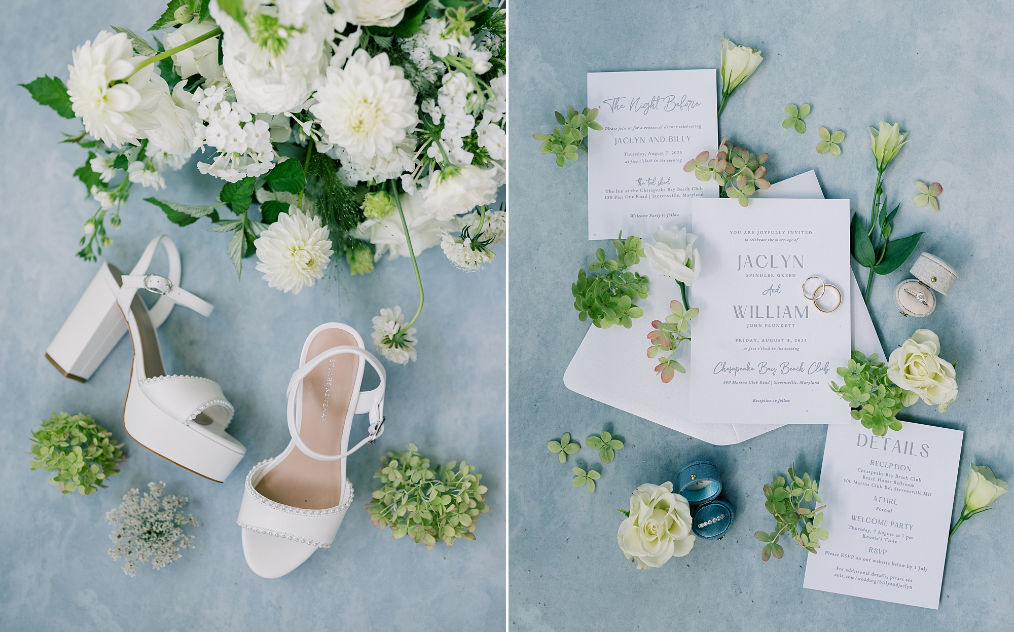 white and blue wedding details with stationery set, shoes, and flowers for bride