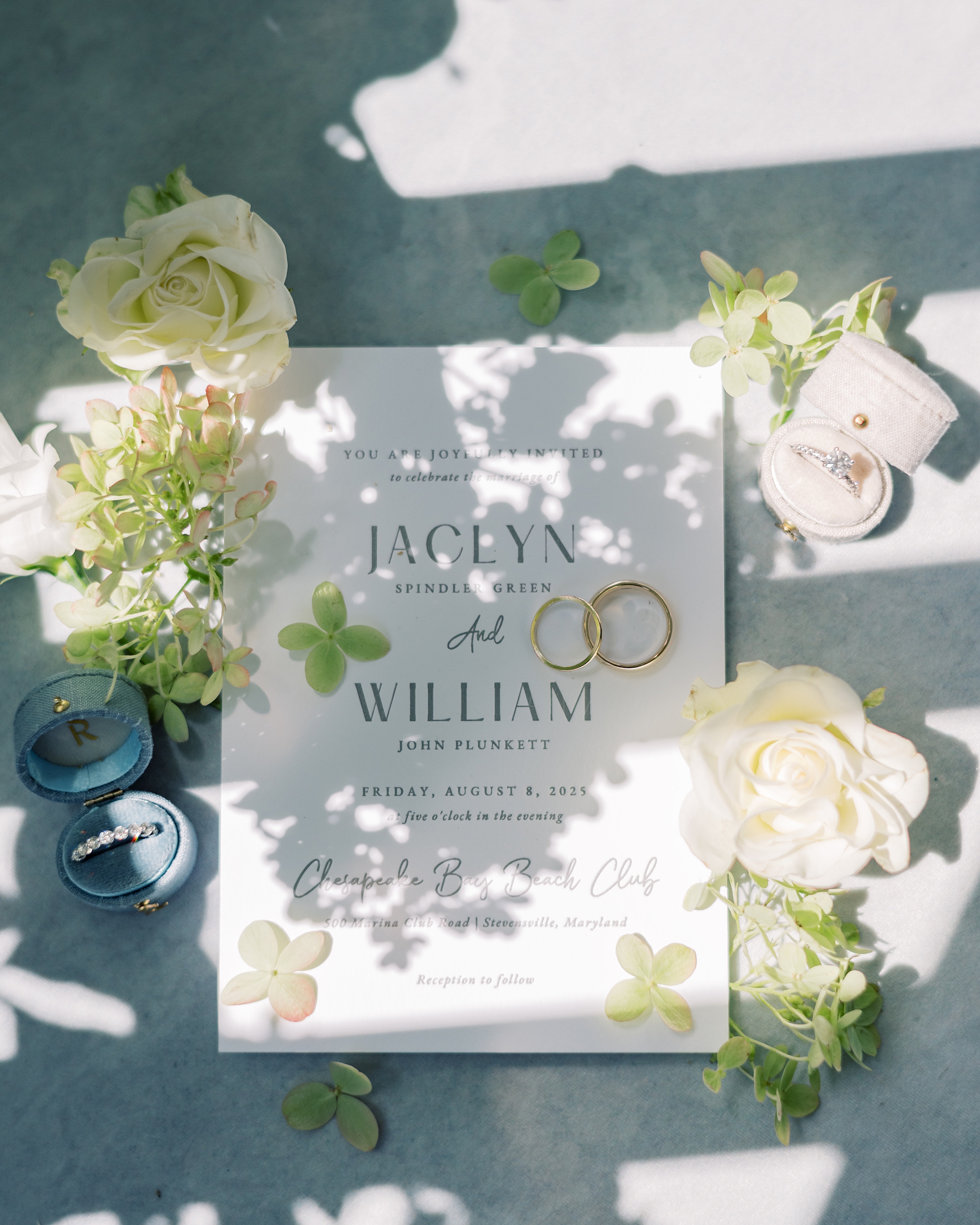 invitation suite with white flowers for summer wedding in Maryland