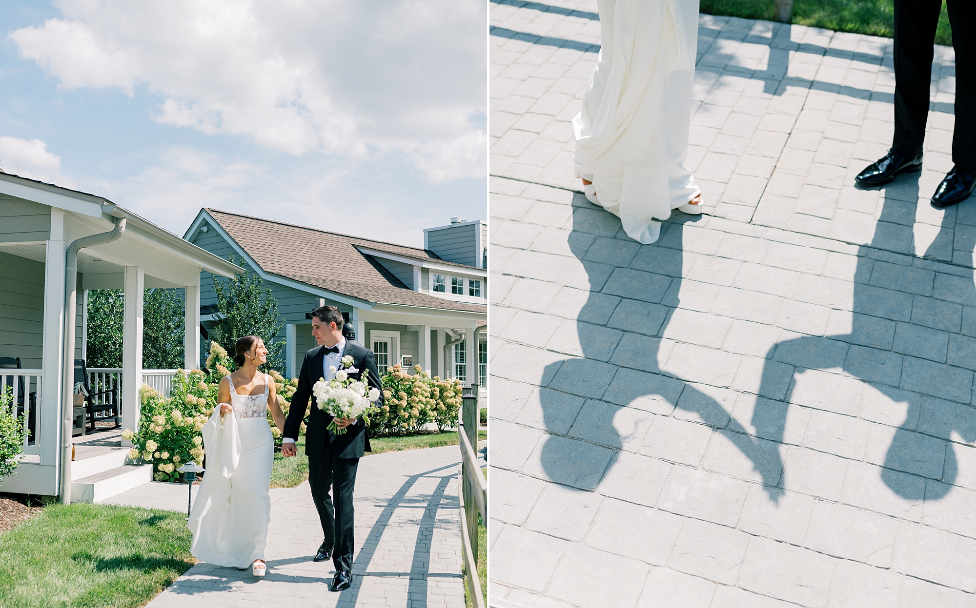 bride and groom hold hands walking outside Chesapeake Bay Beach Club