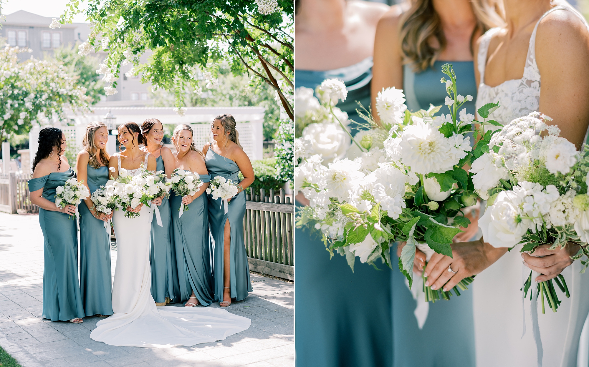 bridesmaids pose in blue dresses with white bouquets
