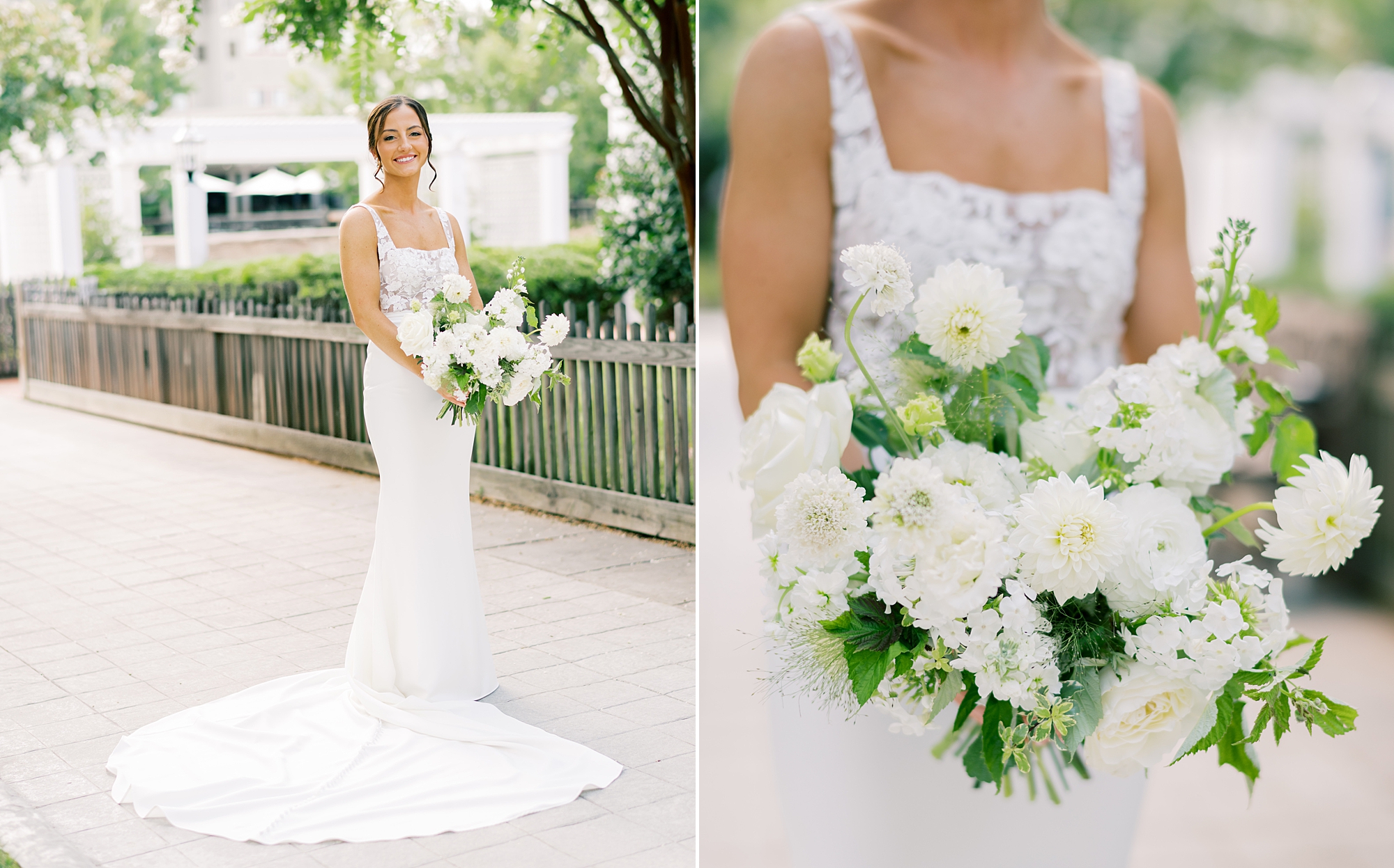 bride holds bouquet of white flowers at Chesapeake Bay Beach Club