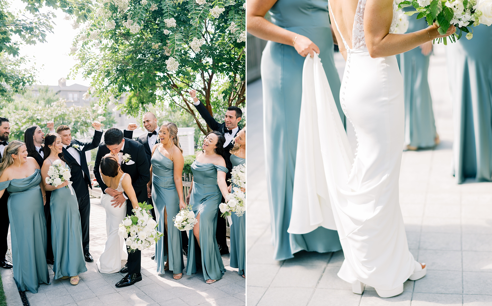 bridesmaids help bride with wedding dress skirt
