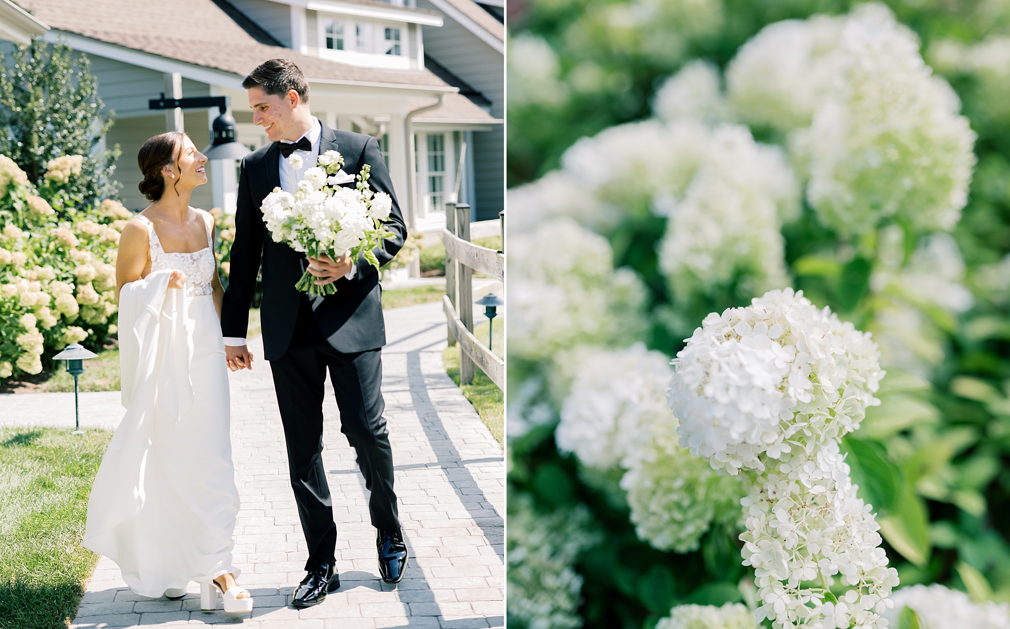 bride and groom hold hands walking by white white hydrangeas