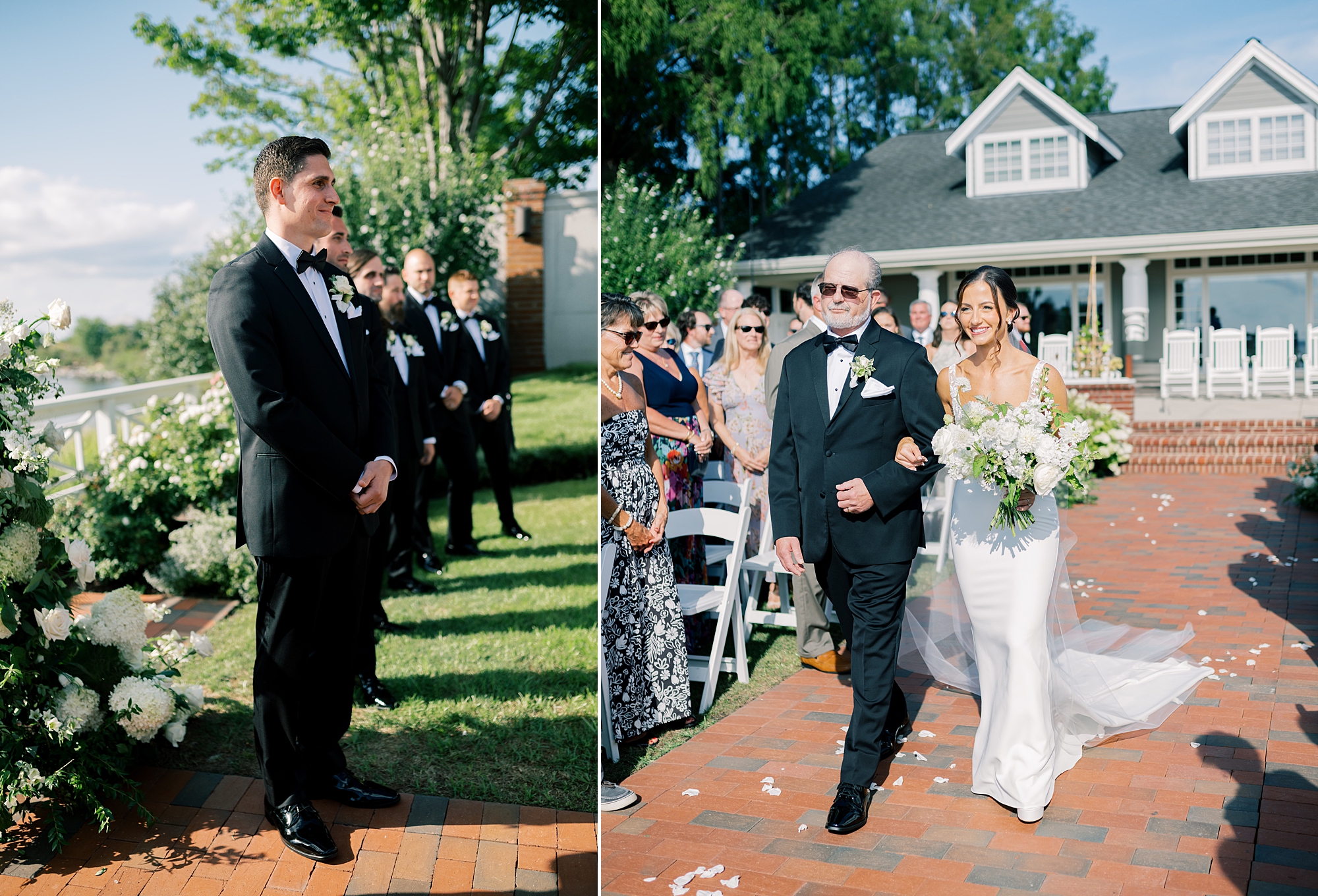 groom watches bride walk down aisle with father at Chesapeake Bay Beach Club