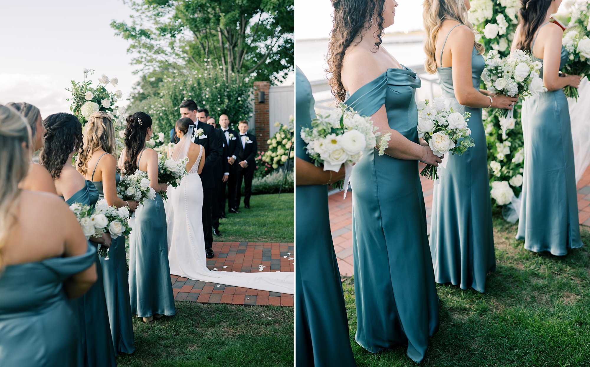 bridesmaids pose along waterfront during wedding ceremony