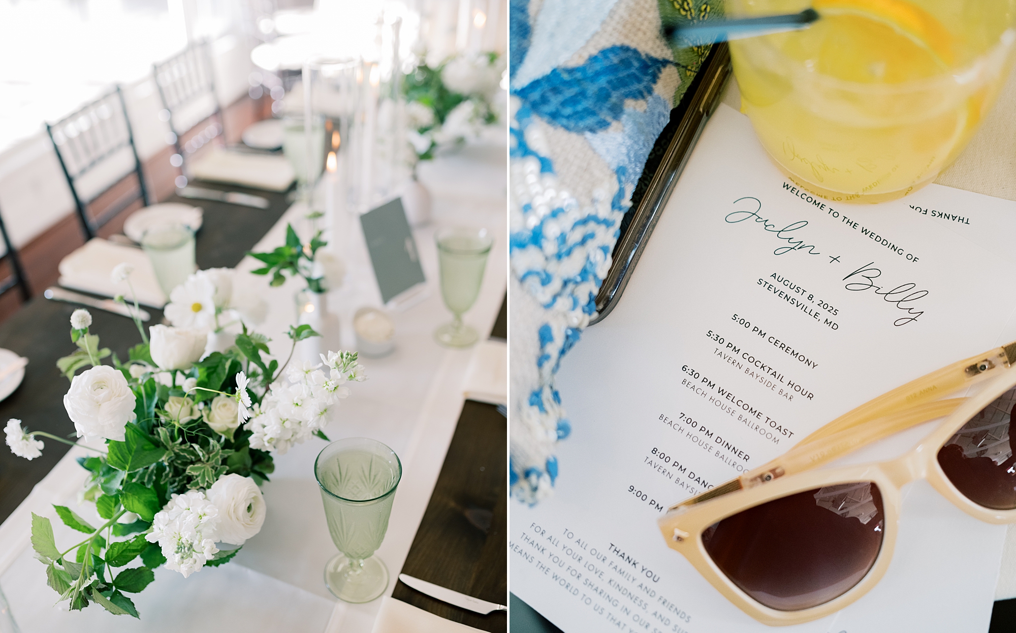 place settings and table runners for reception at Chesapeake Bay Beach Club