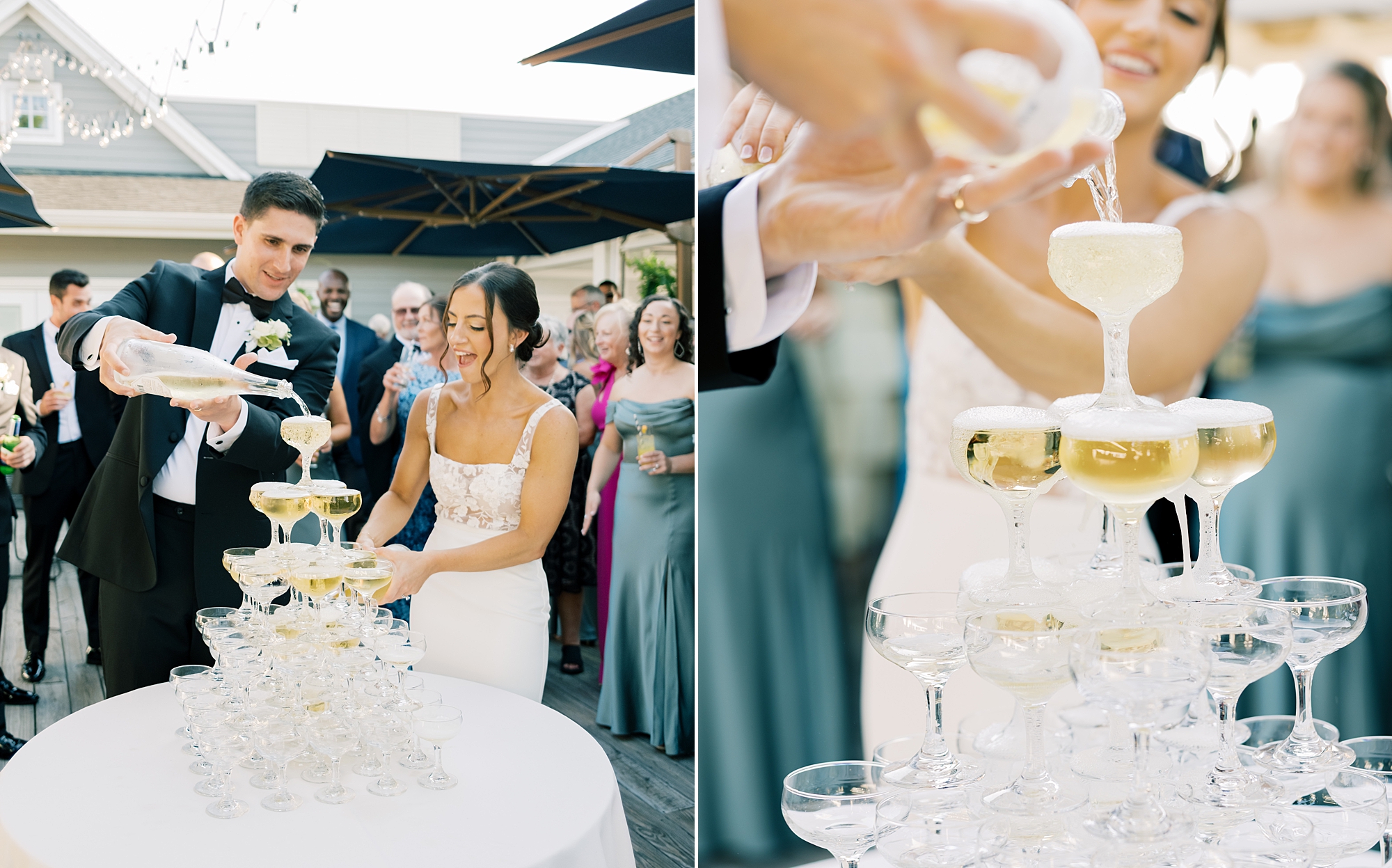 bride and groom pour champagne down tower at Chesapeake Bay Beach Club