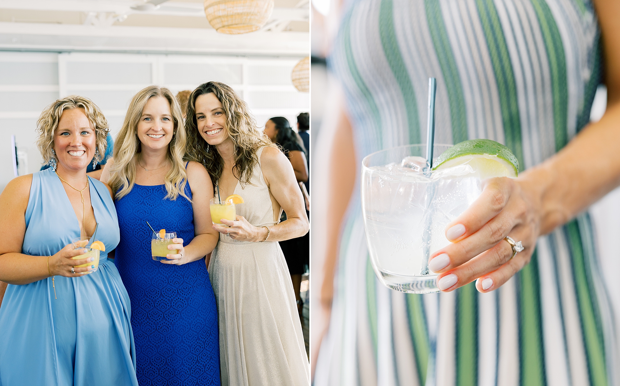 wedding guests pose at Chesapeake Bay Beach Club with specialty cocktail