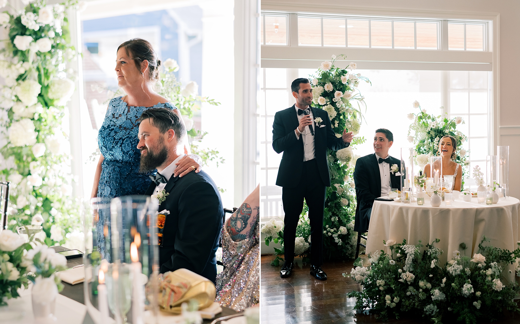 groomsman leans against mom during speeches