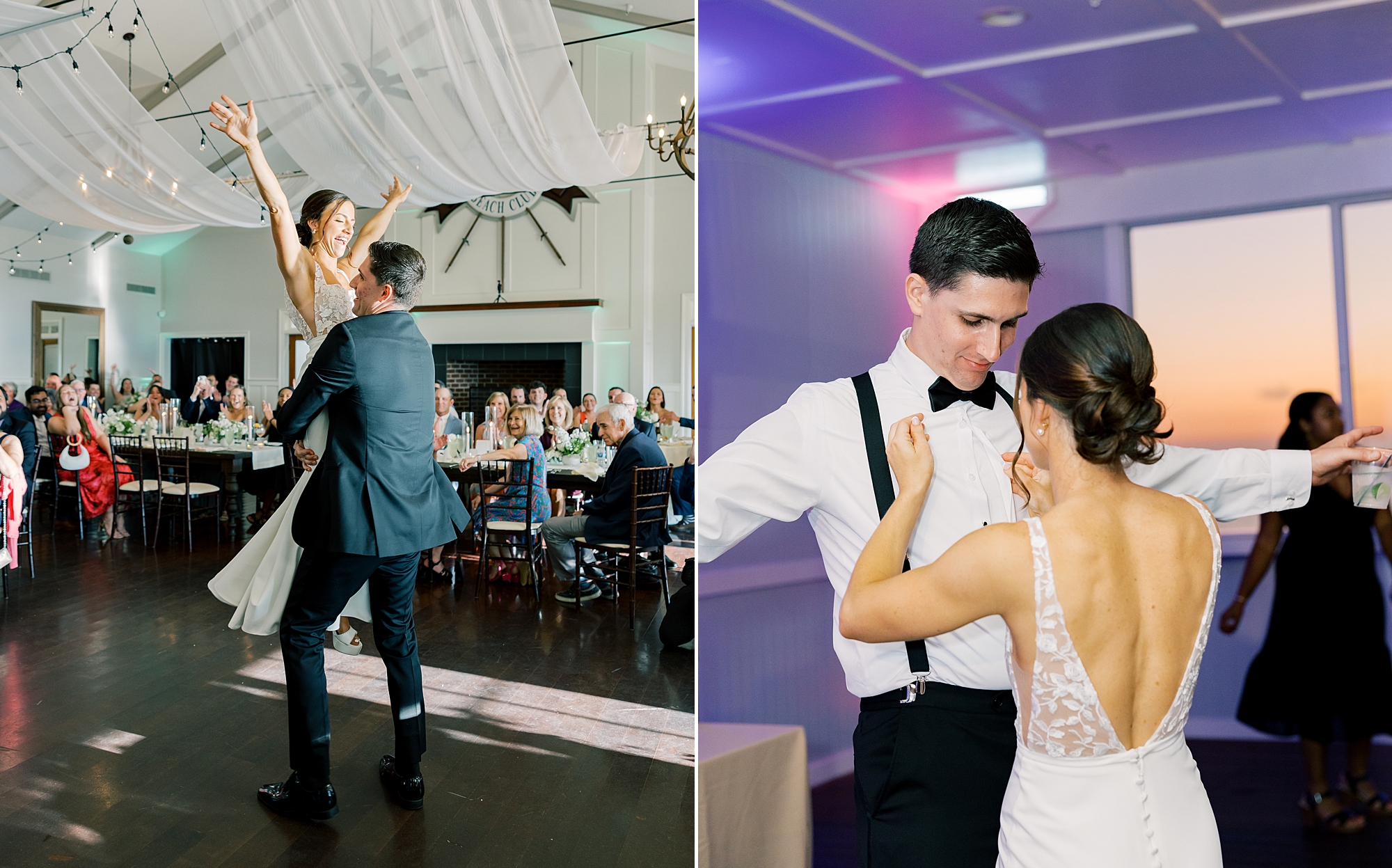 bride and groom dance together during reception at Chesapeake Bay Beach Club