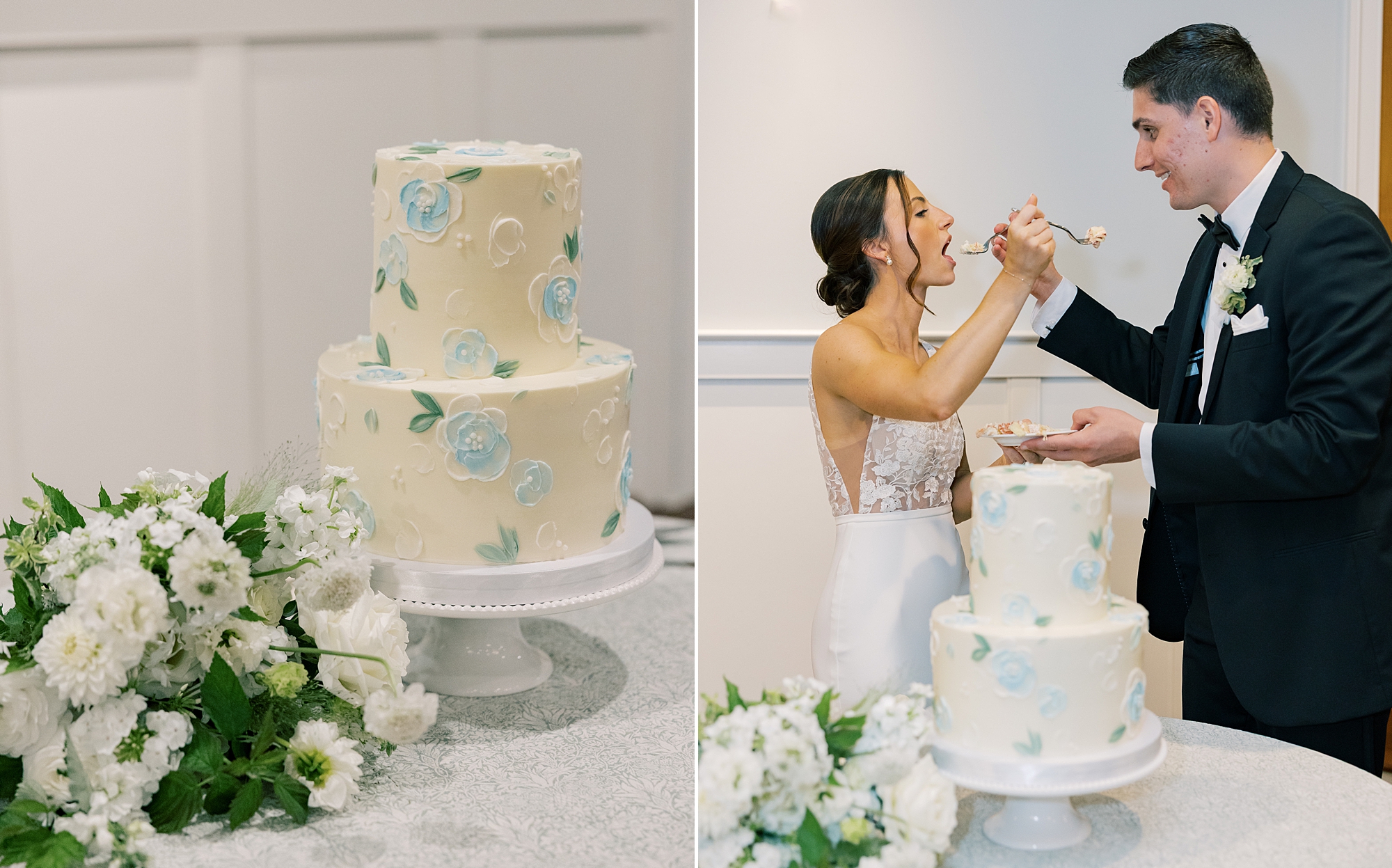 bride and groom feed each other cake during Maryland wedding reception