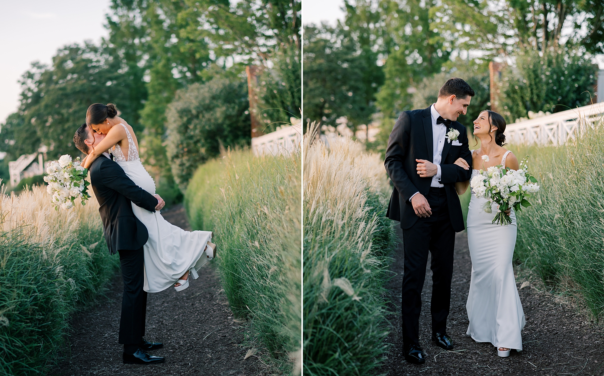 bride and groom hug in tall grass outside Maryland beach club