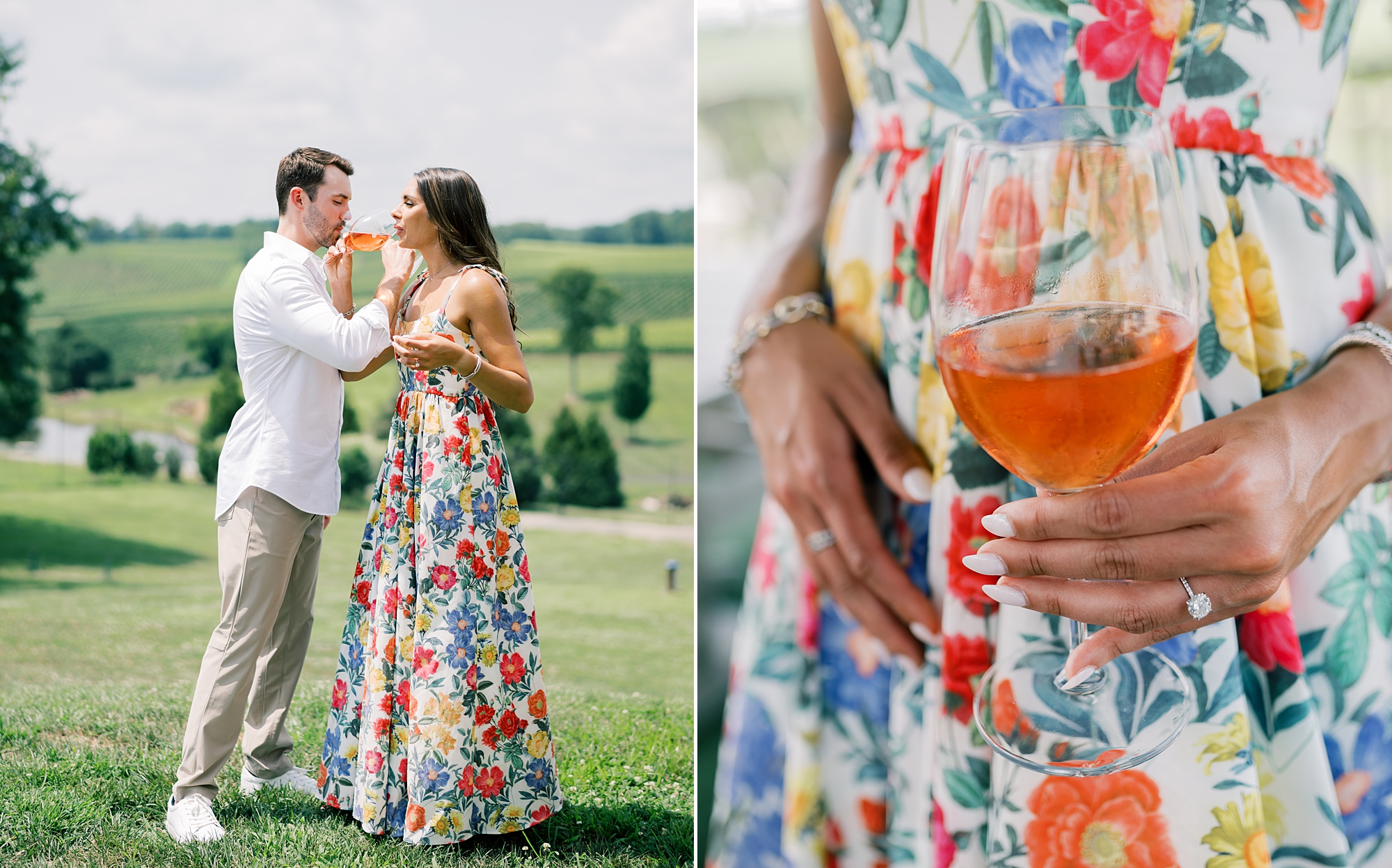 couple drinks glasses of wine together on lawn at Stone Tower Winery