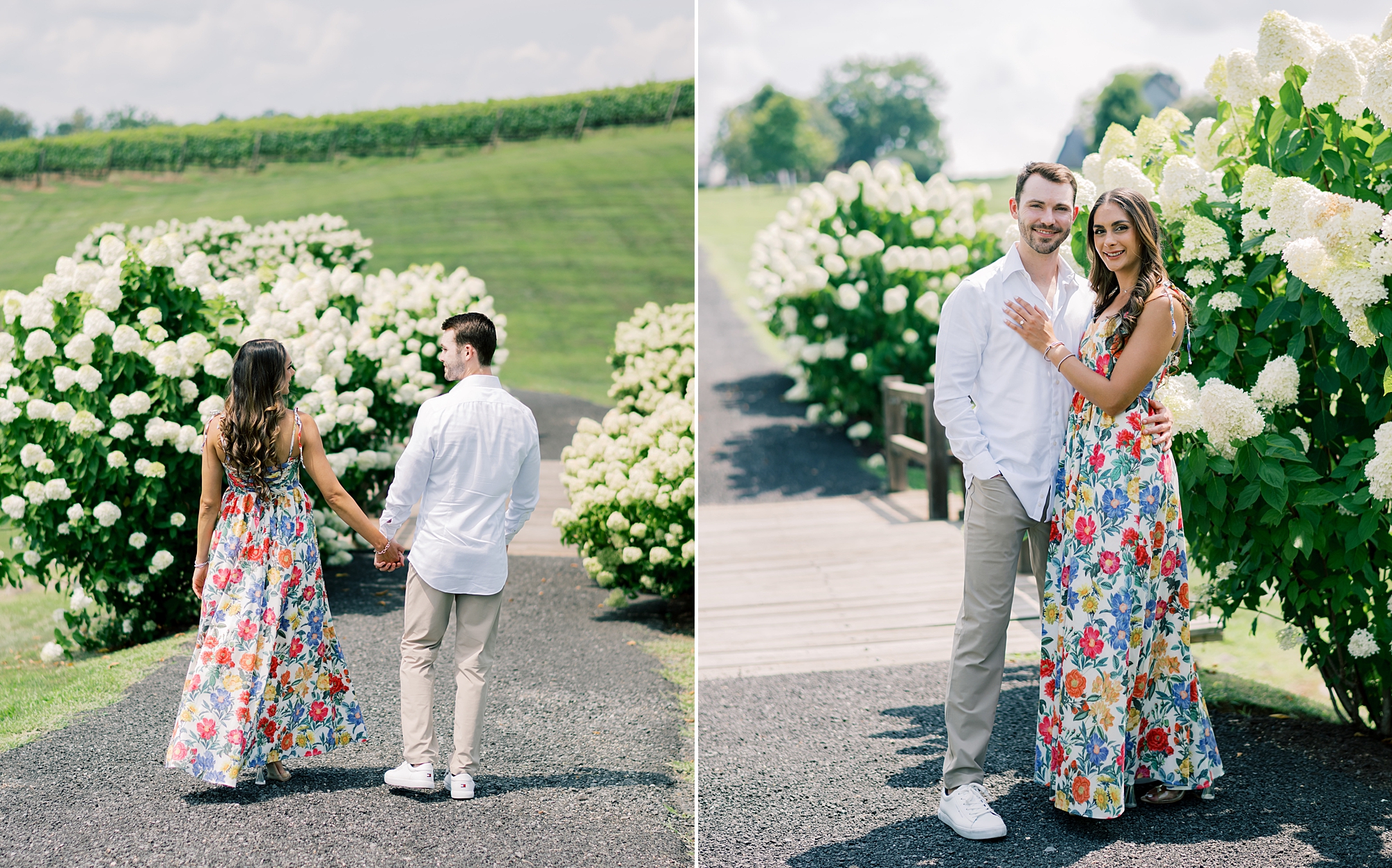man and woman pose on walkway near white hydrangeas 