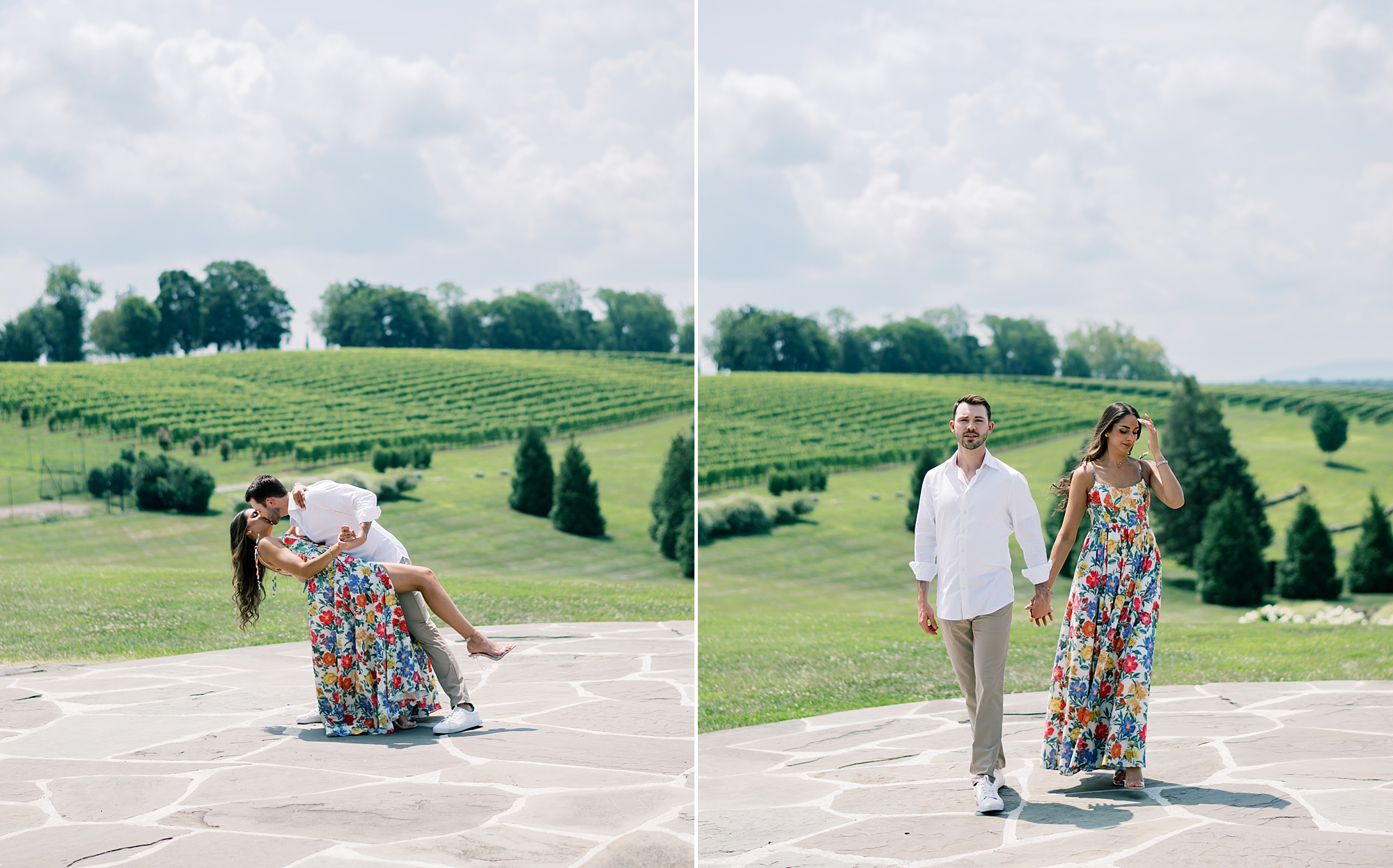 couple holds hands and walks on stone patio atStone Tower Winery