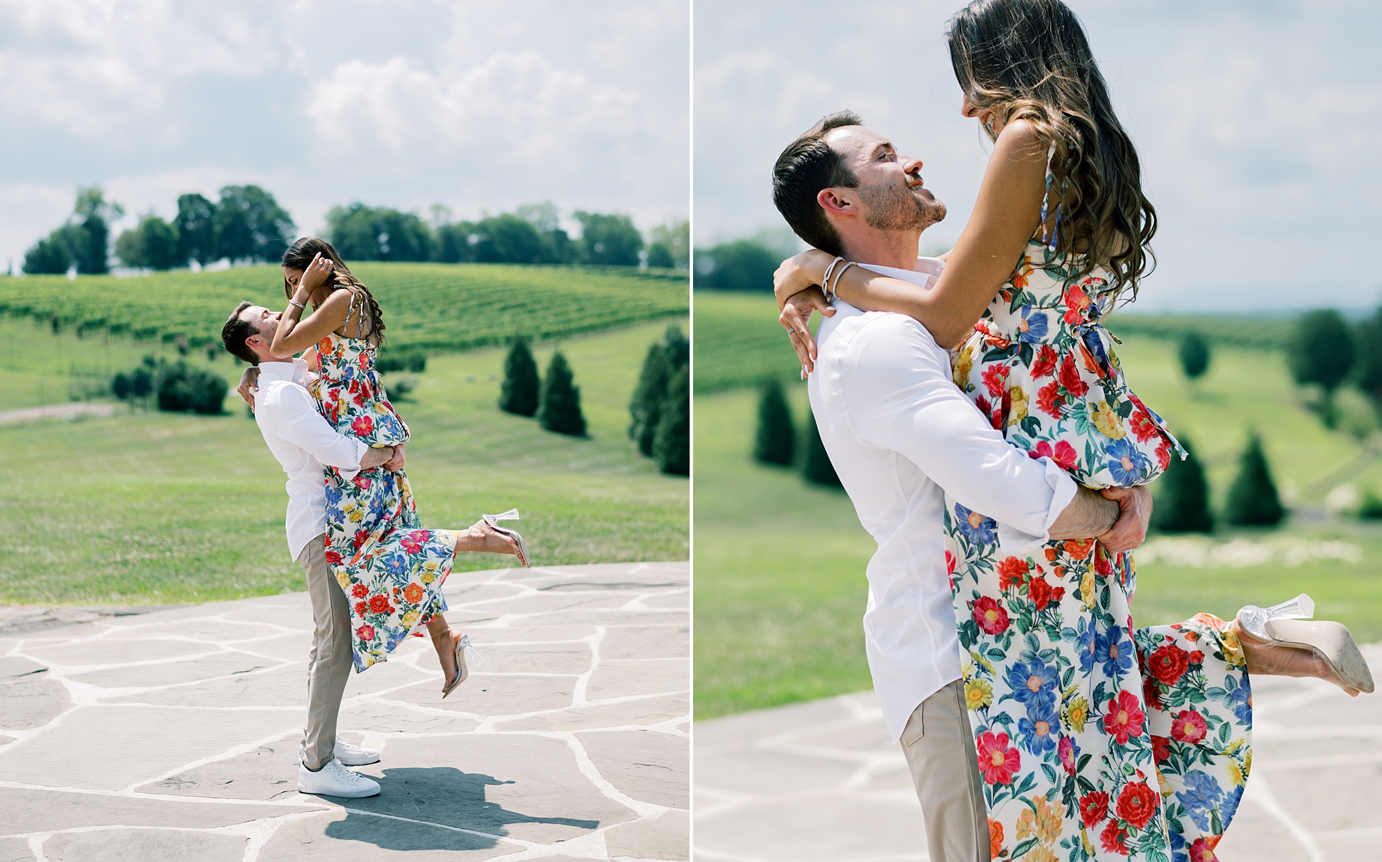groom lifts bride twirling her during Stone Tower Winery engagement session