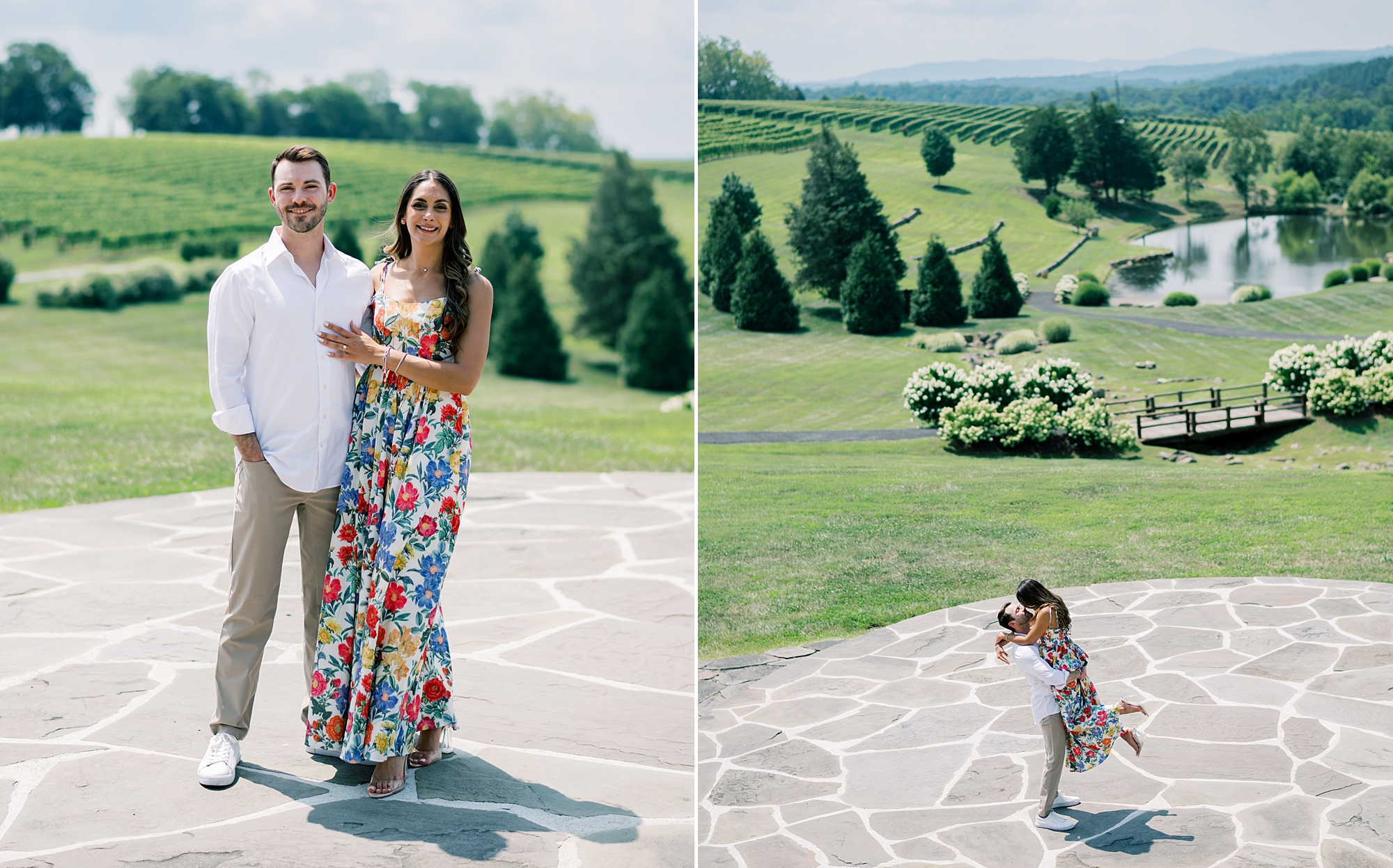man and woman stand hugging on stone patio of Stone Tower Winery