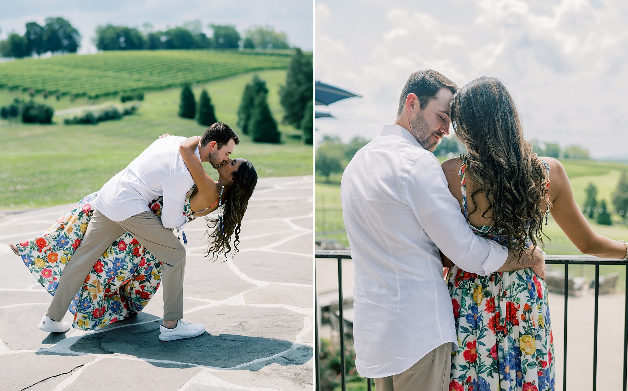 man dips woman kissing her on patio at Stone Tower Winery