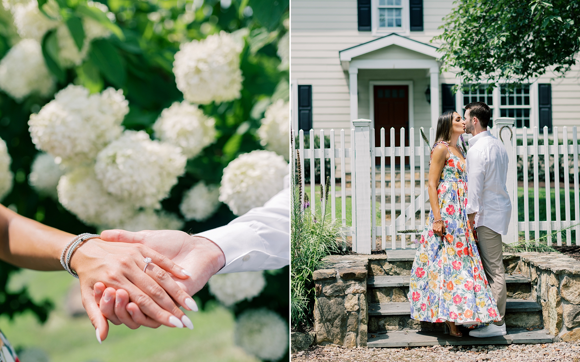 man holds woman's hands by white hydrangeas showing off engagement ring
