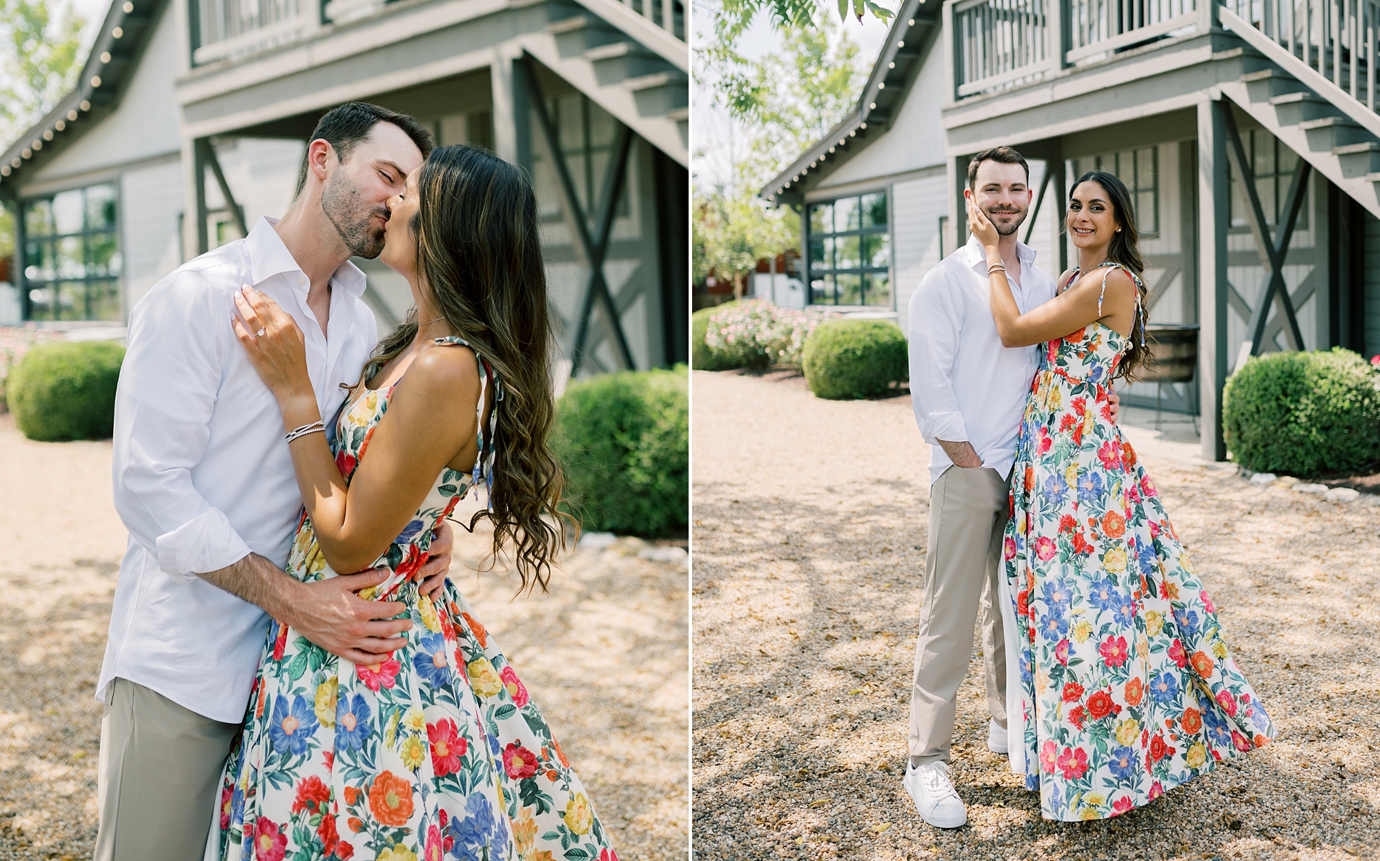 man and woman kiss outside barn at Stone Tower Winery