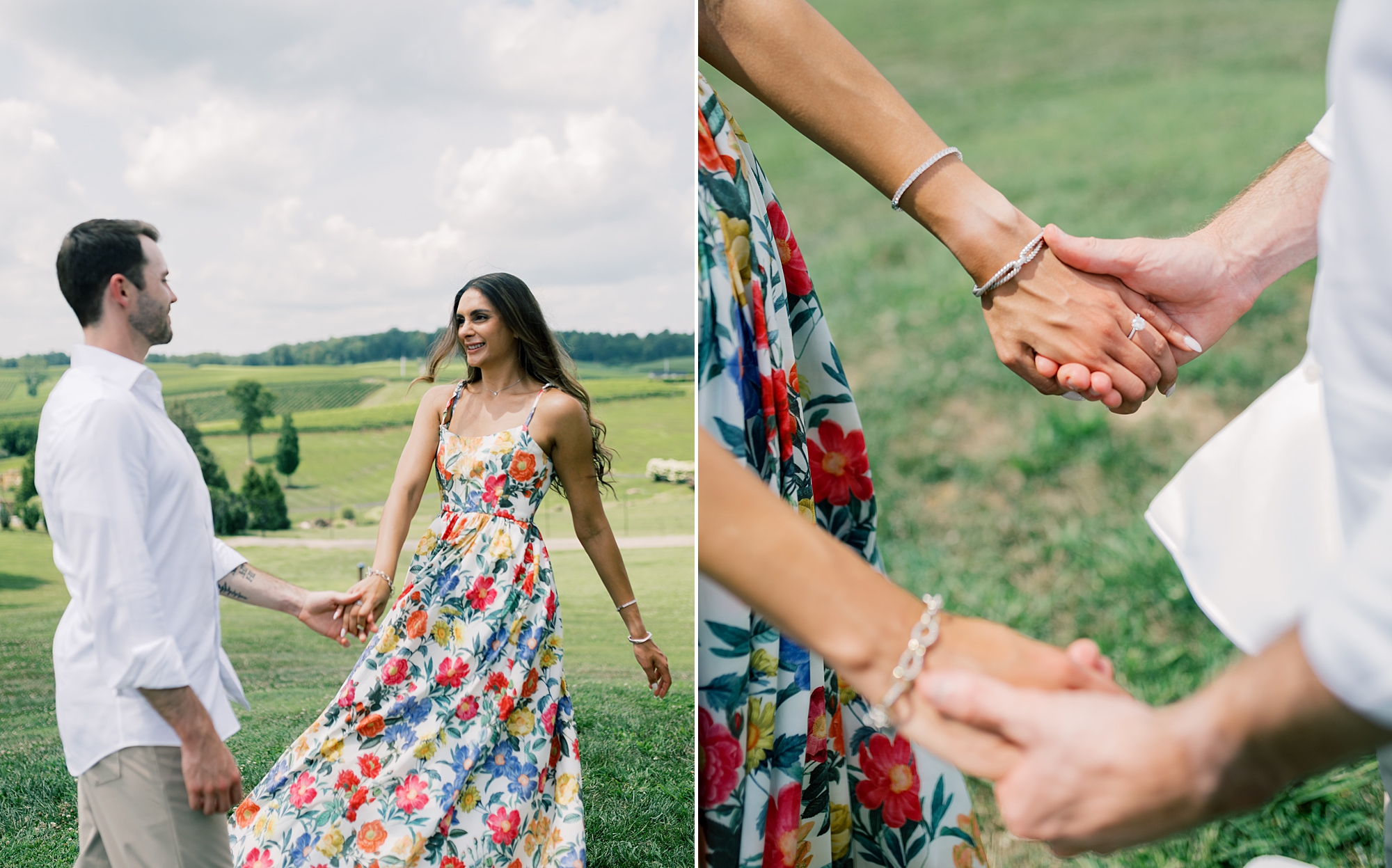 man and woman hold hands twirling on lawn of Stone Tower Winery