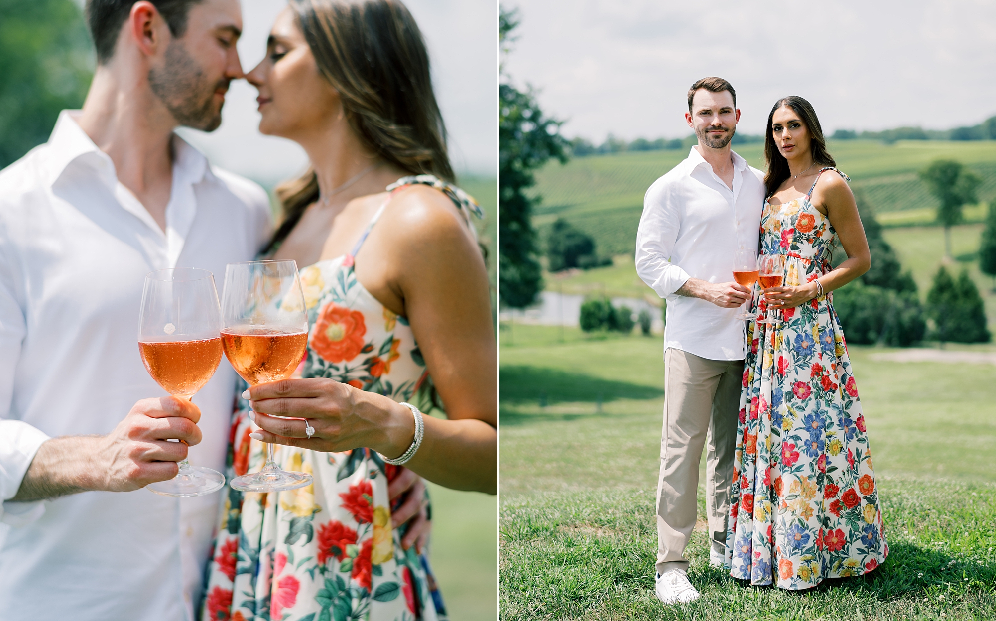 couple stands holding glasses of wine at Stone Tower Winery