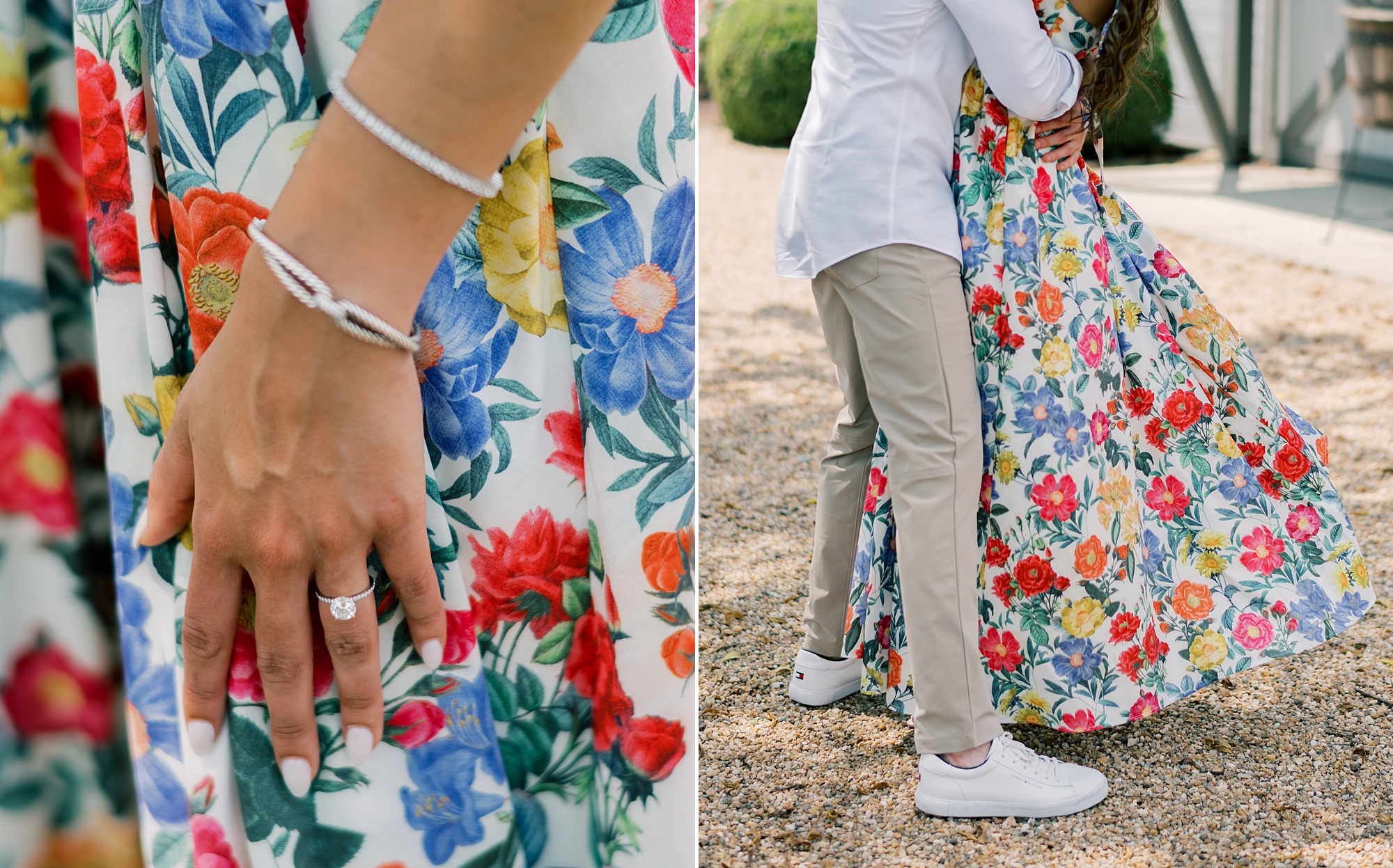 closeup of woman's engagement ring against floral print dress