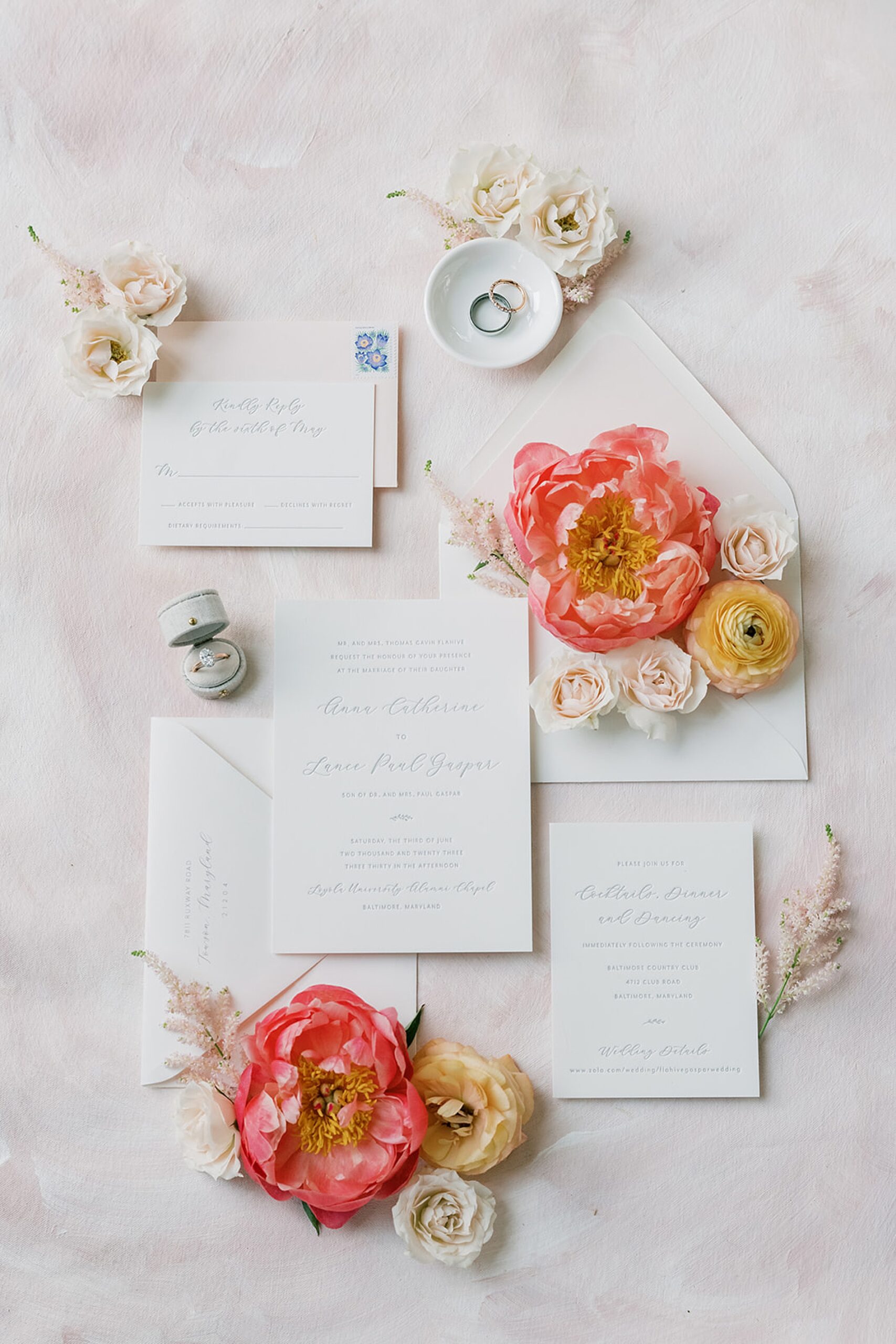 colorful blooms brighten flat lay design from wedding detail photos 