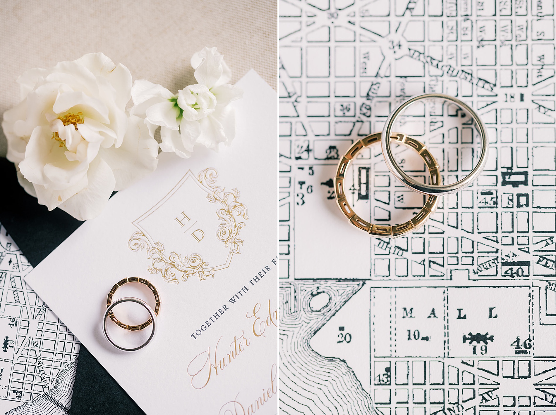 gold wedding rings on wedding invitations