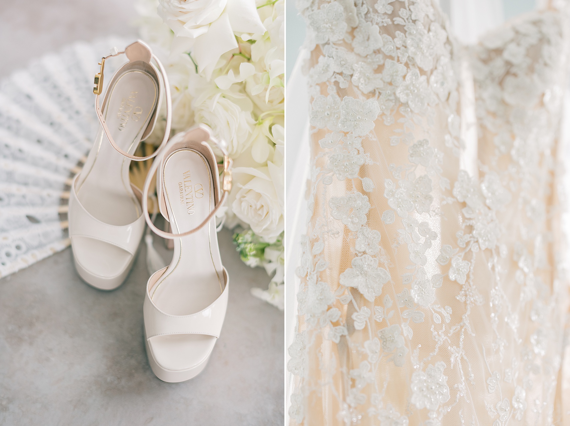 lace from wedding dress and shoes captured in wedding detail photos