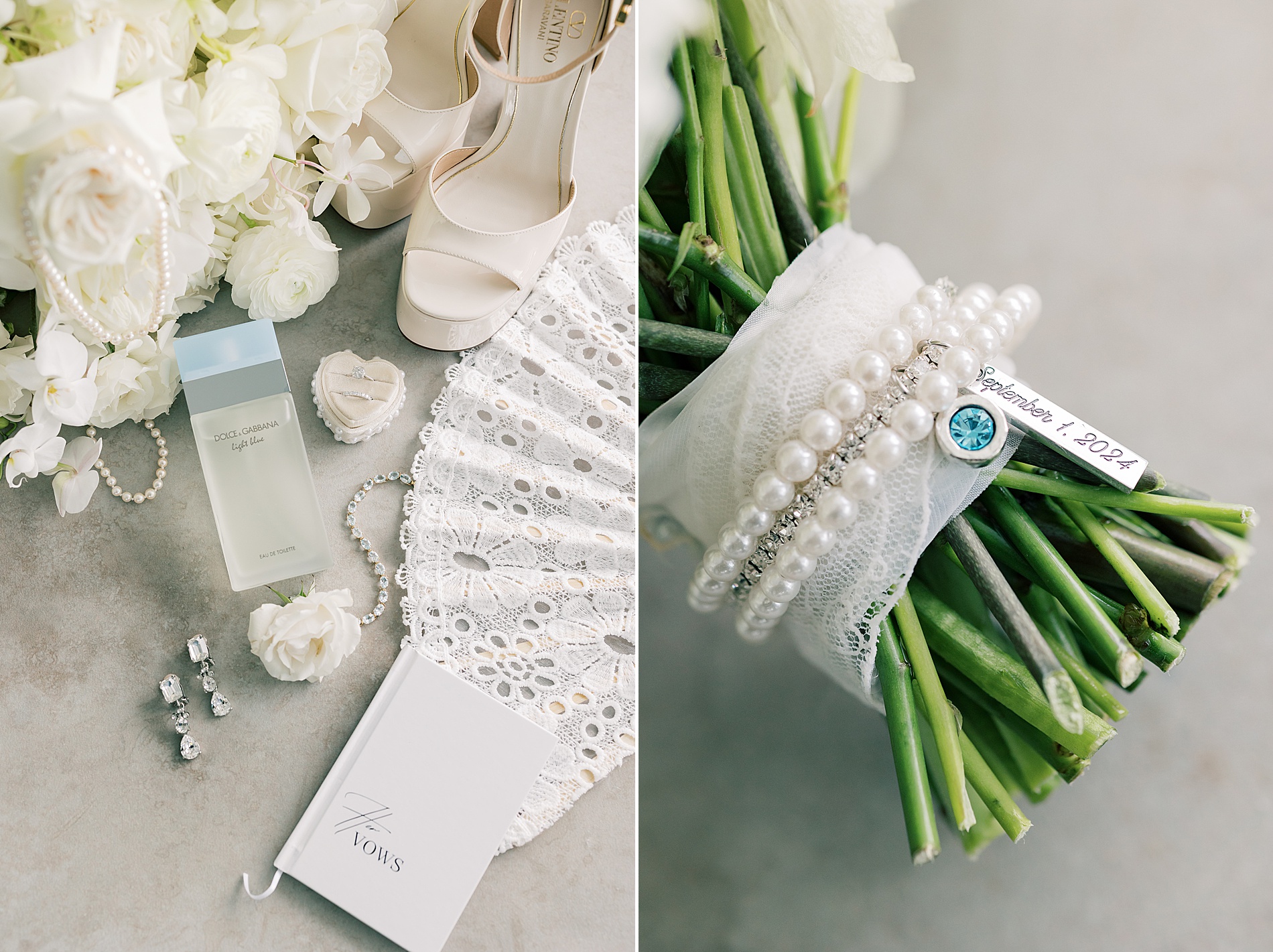 wedding bouquet with bracelet around the stems 
