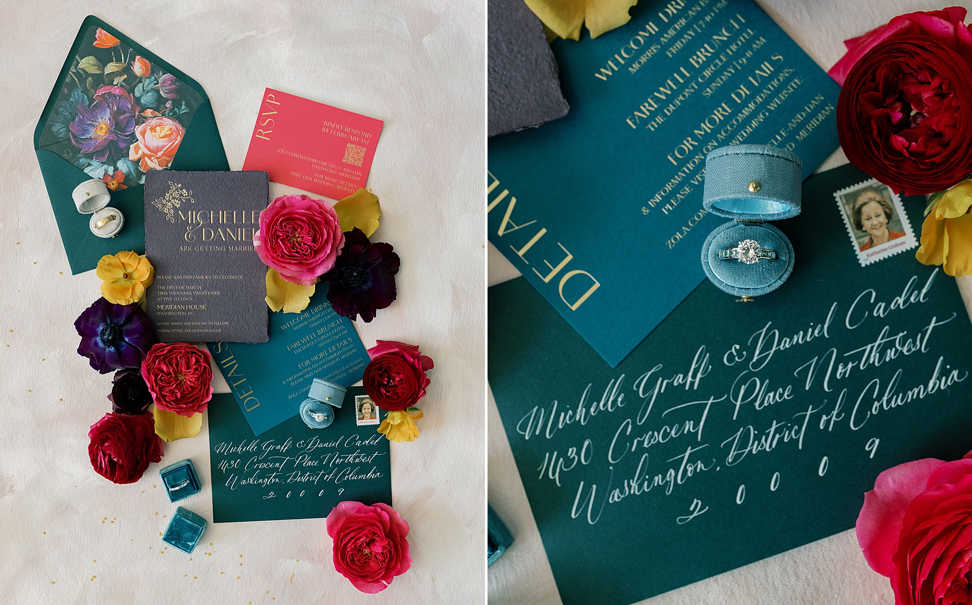 bold and colorful wedding invitations suite captured during wedding day detail shots
