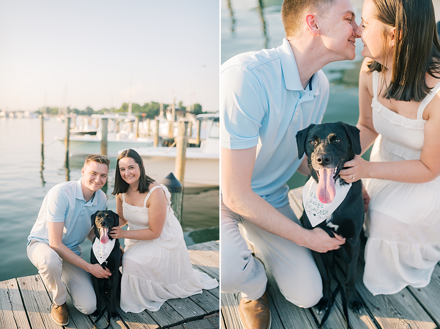 authentic engagement photos by the water with couples dog 