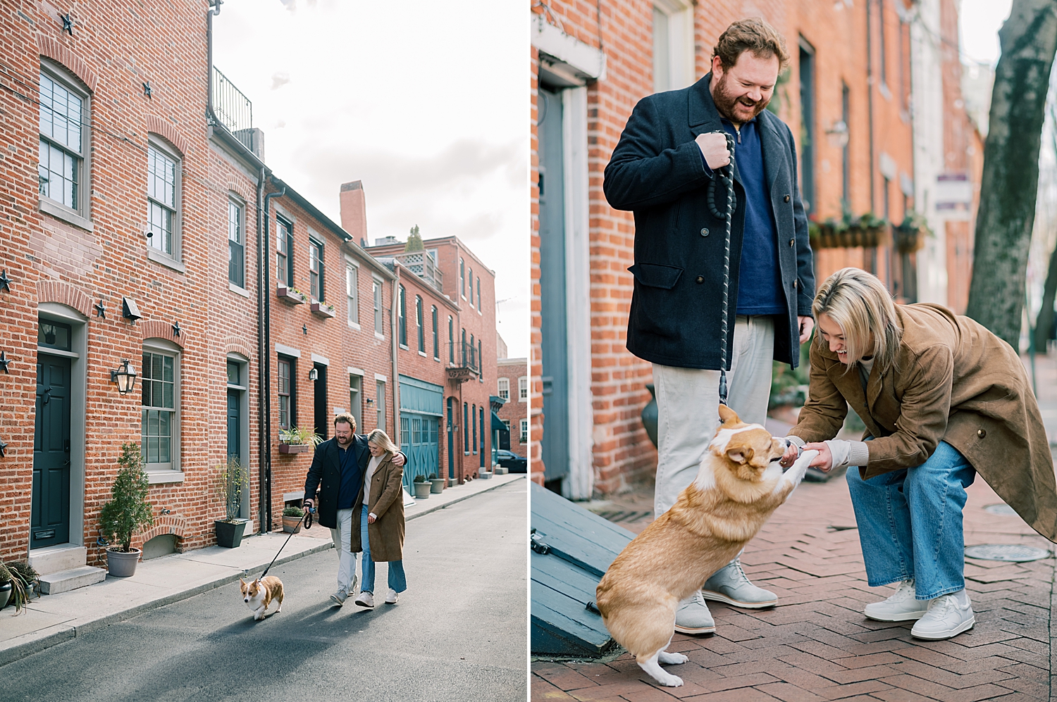 couple walk their neighborhood with their dog 