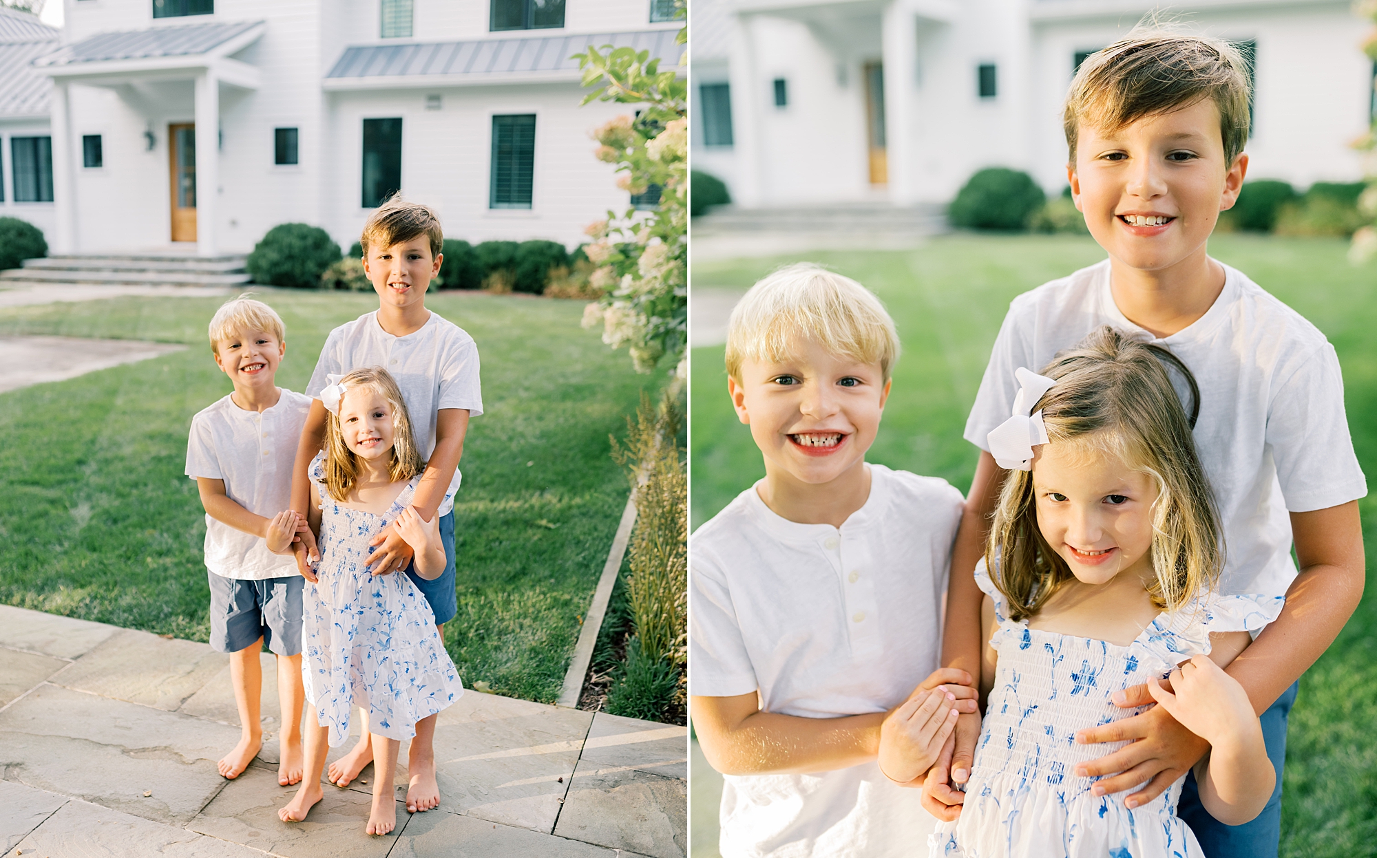 three siblings outside of their home
