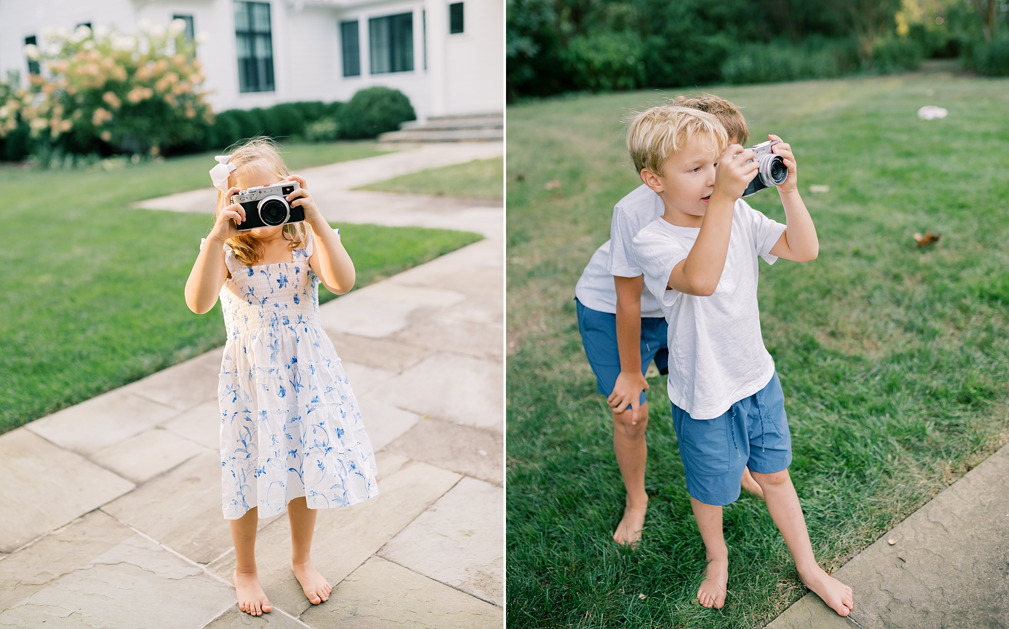kids playing with camera during candid summer portrait session
