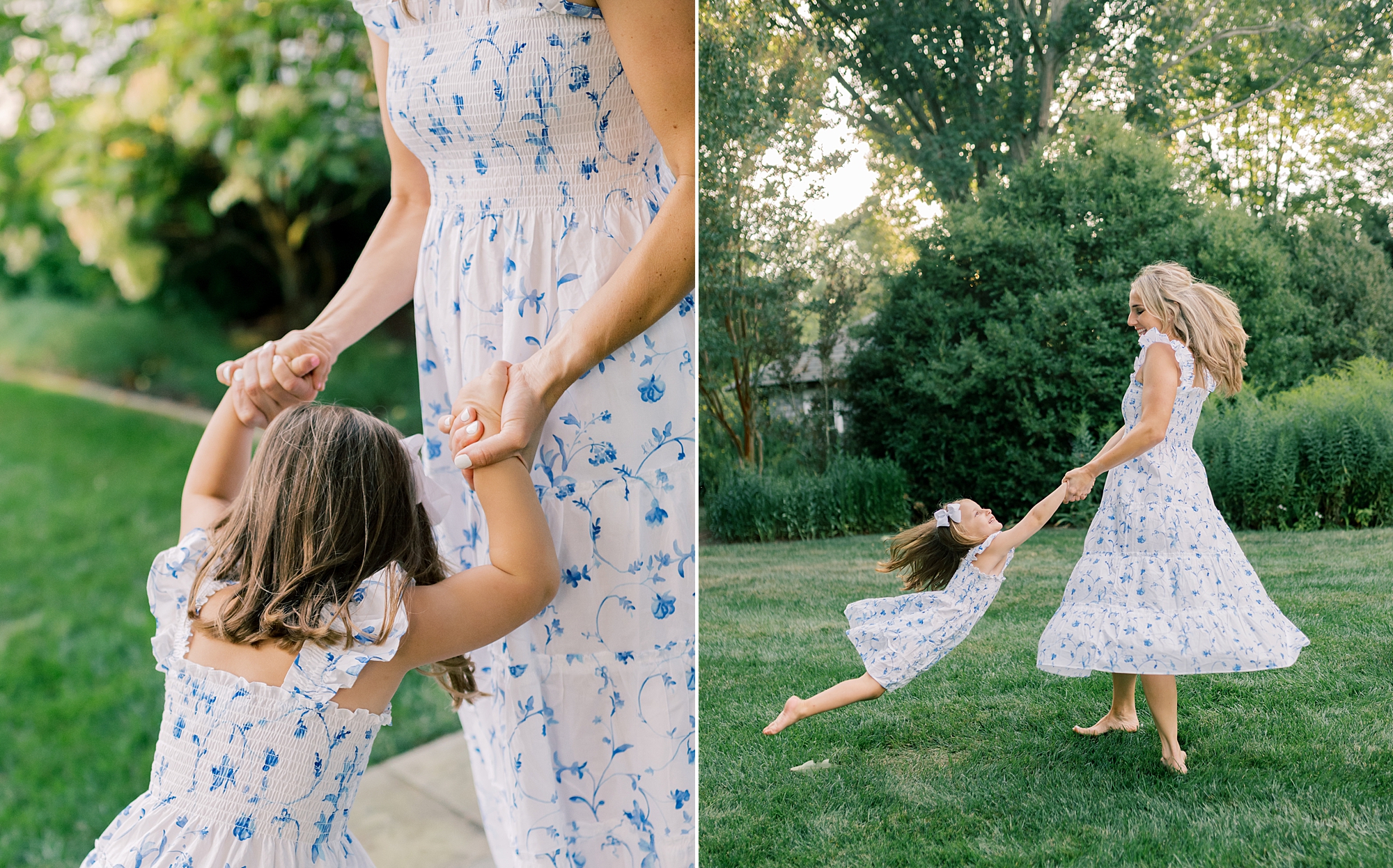 mom swings daughter around by arms during playful family portraits 