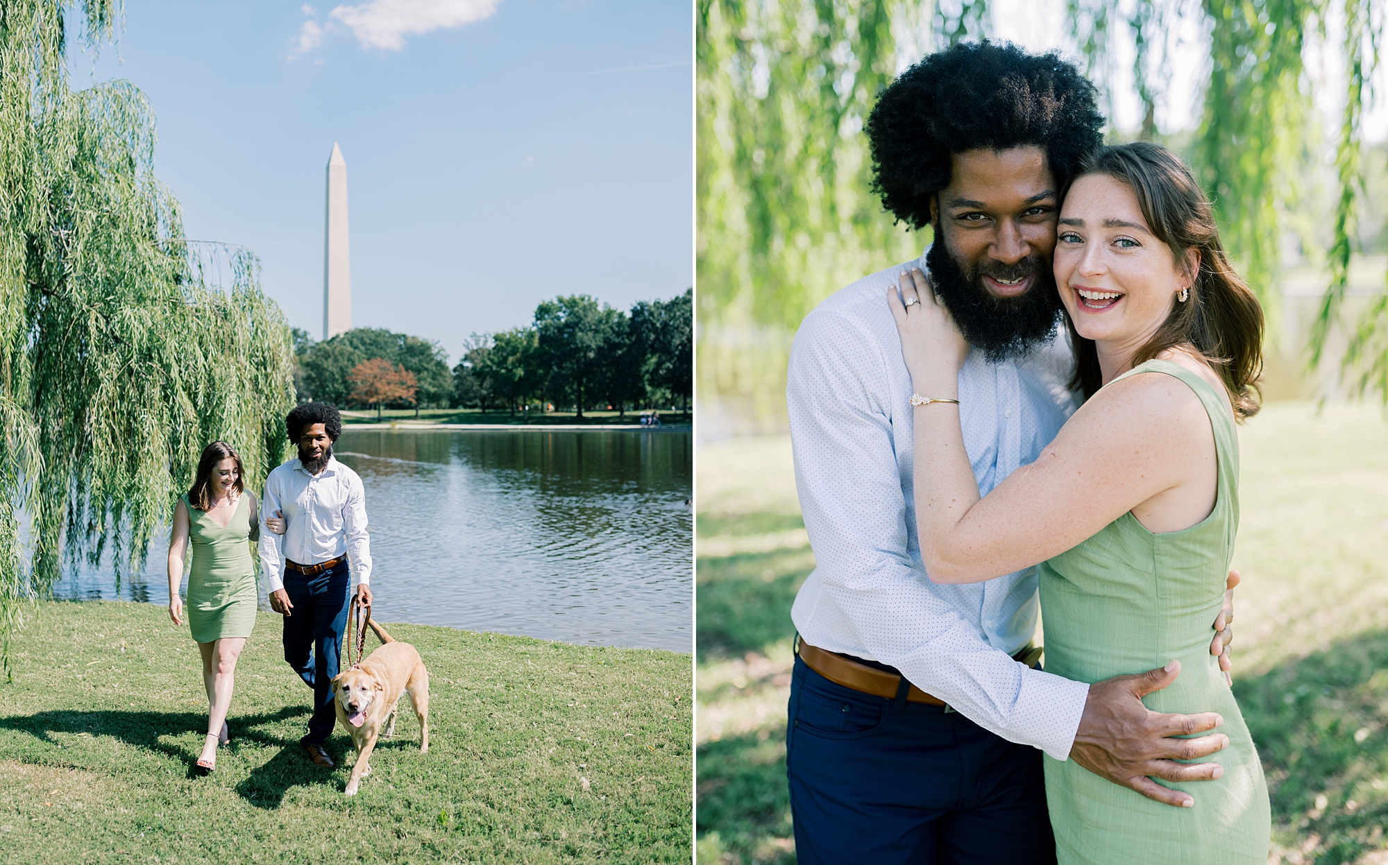 couple walk their dog during Washington DC engagement with monument in the background 