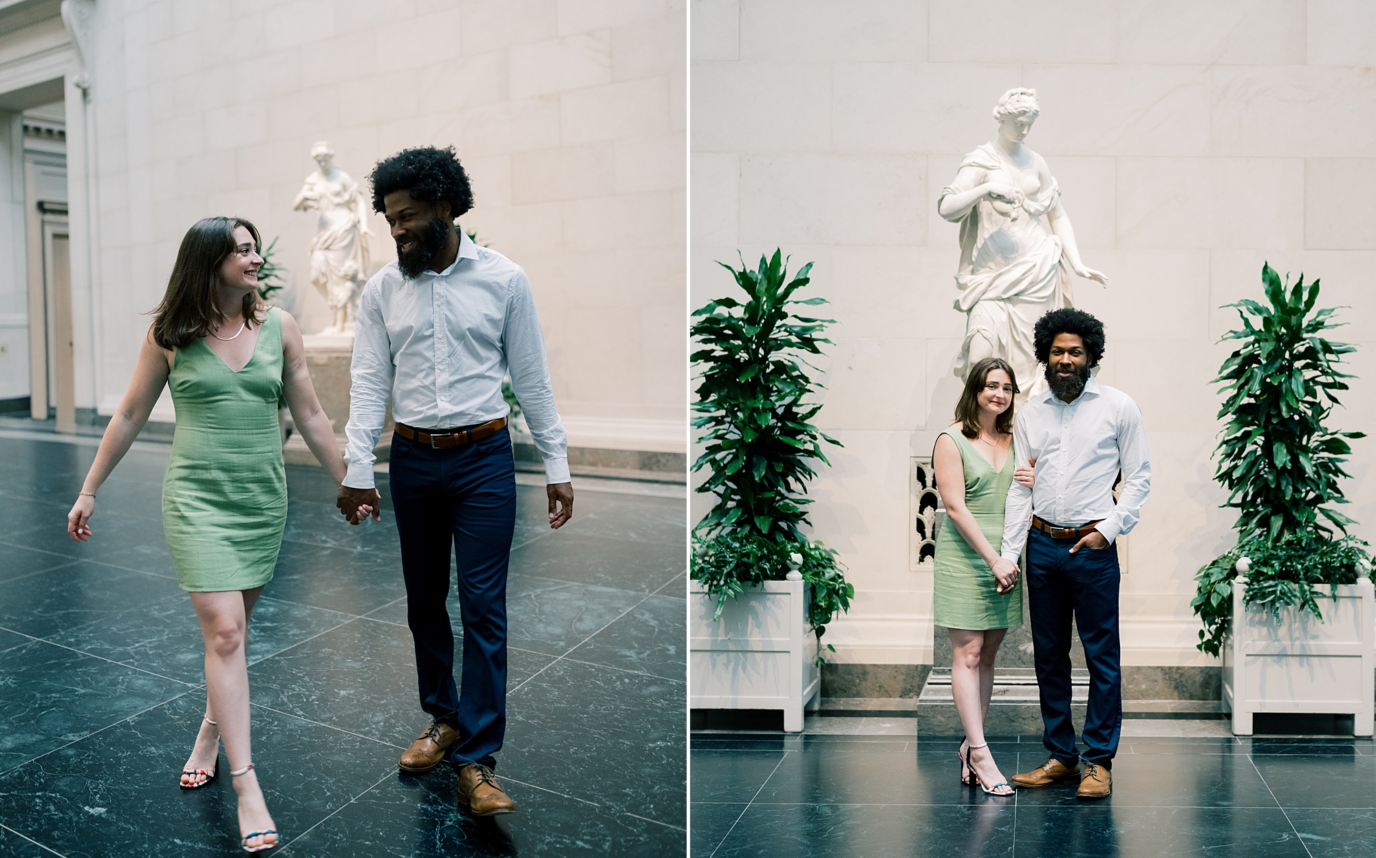 couple walk by statue at art museum  