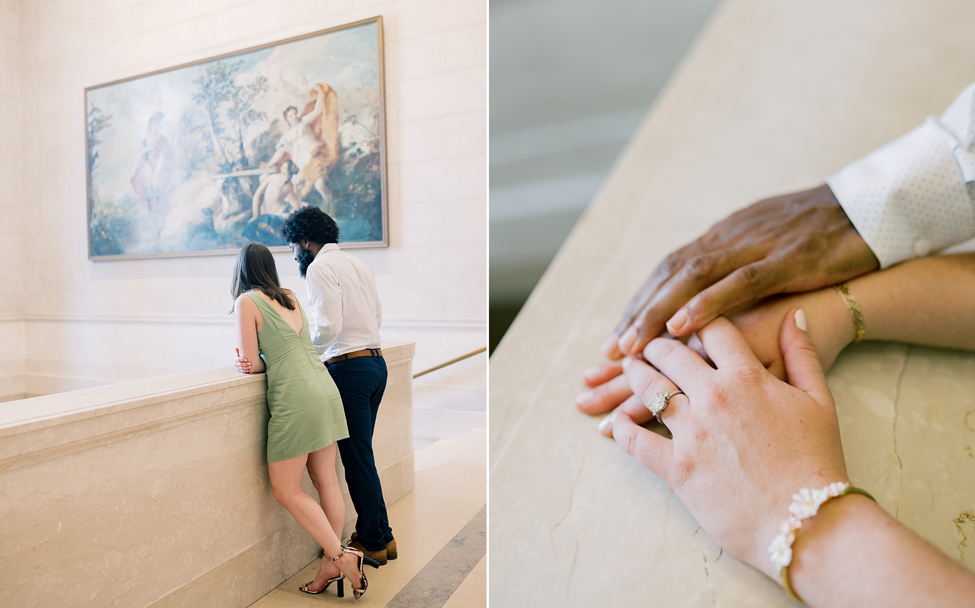 couple admiring painting while holding hands