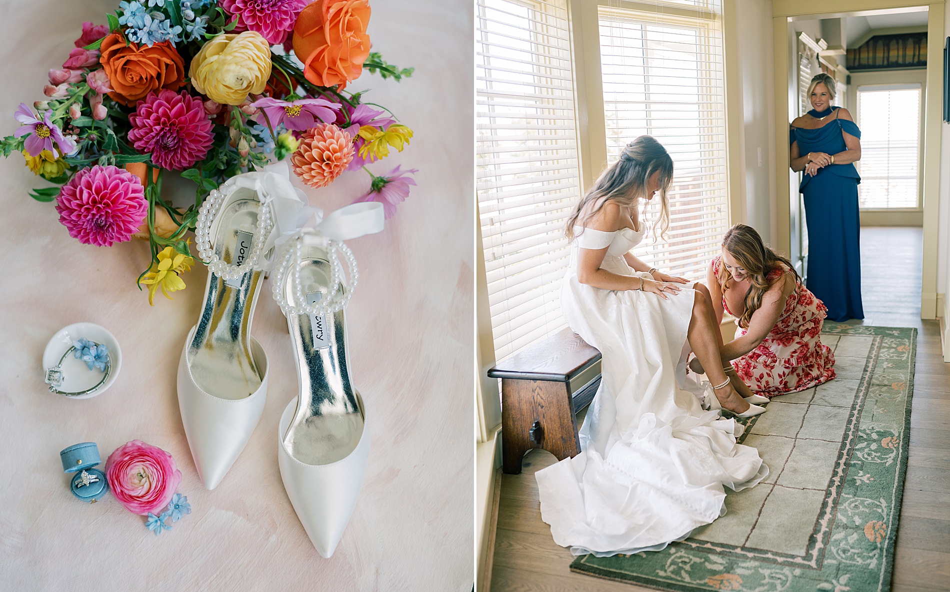 bride puts on wedding shoes 