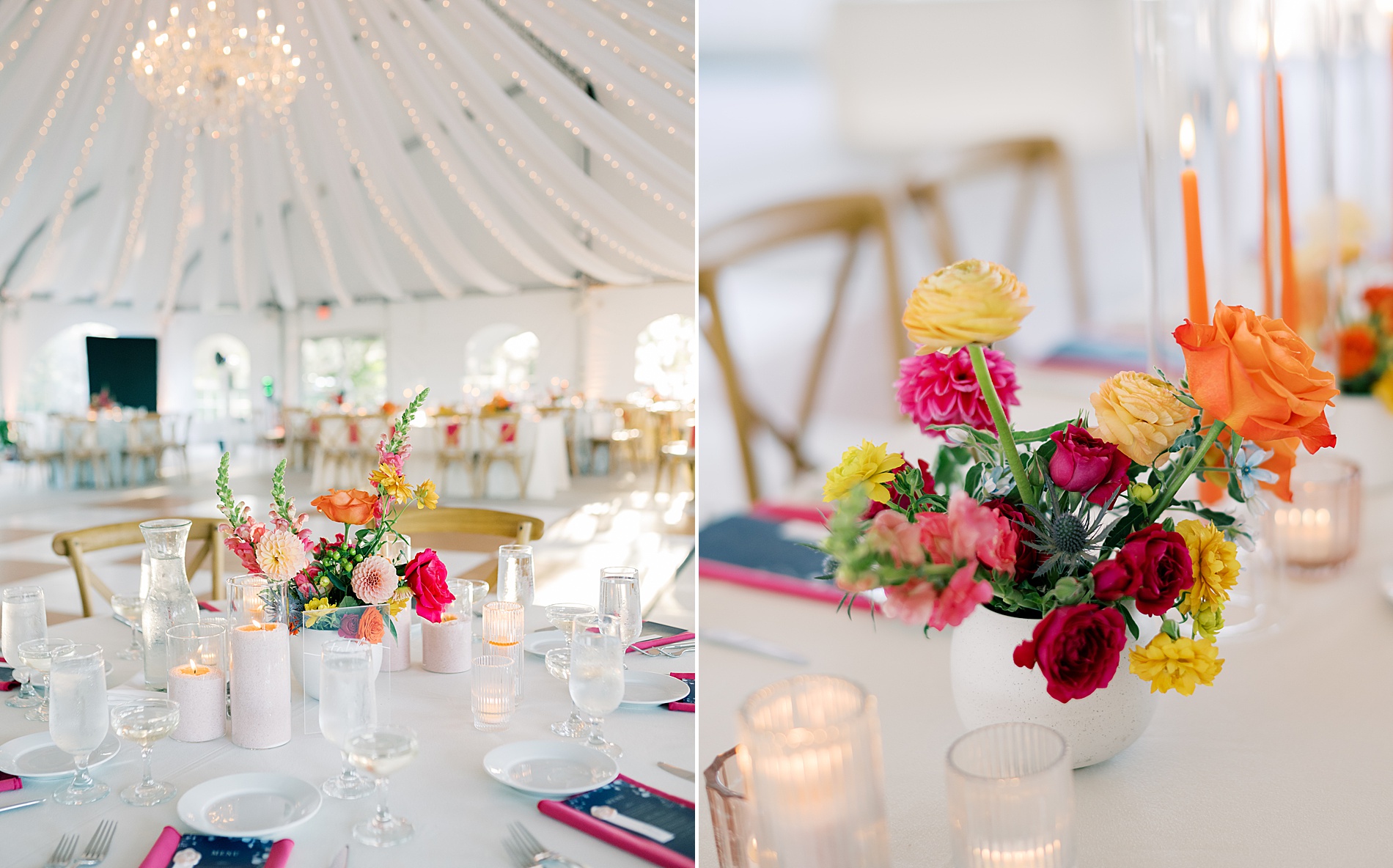 tented wedding reception with colorful florals at Herrington on the Bay