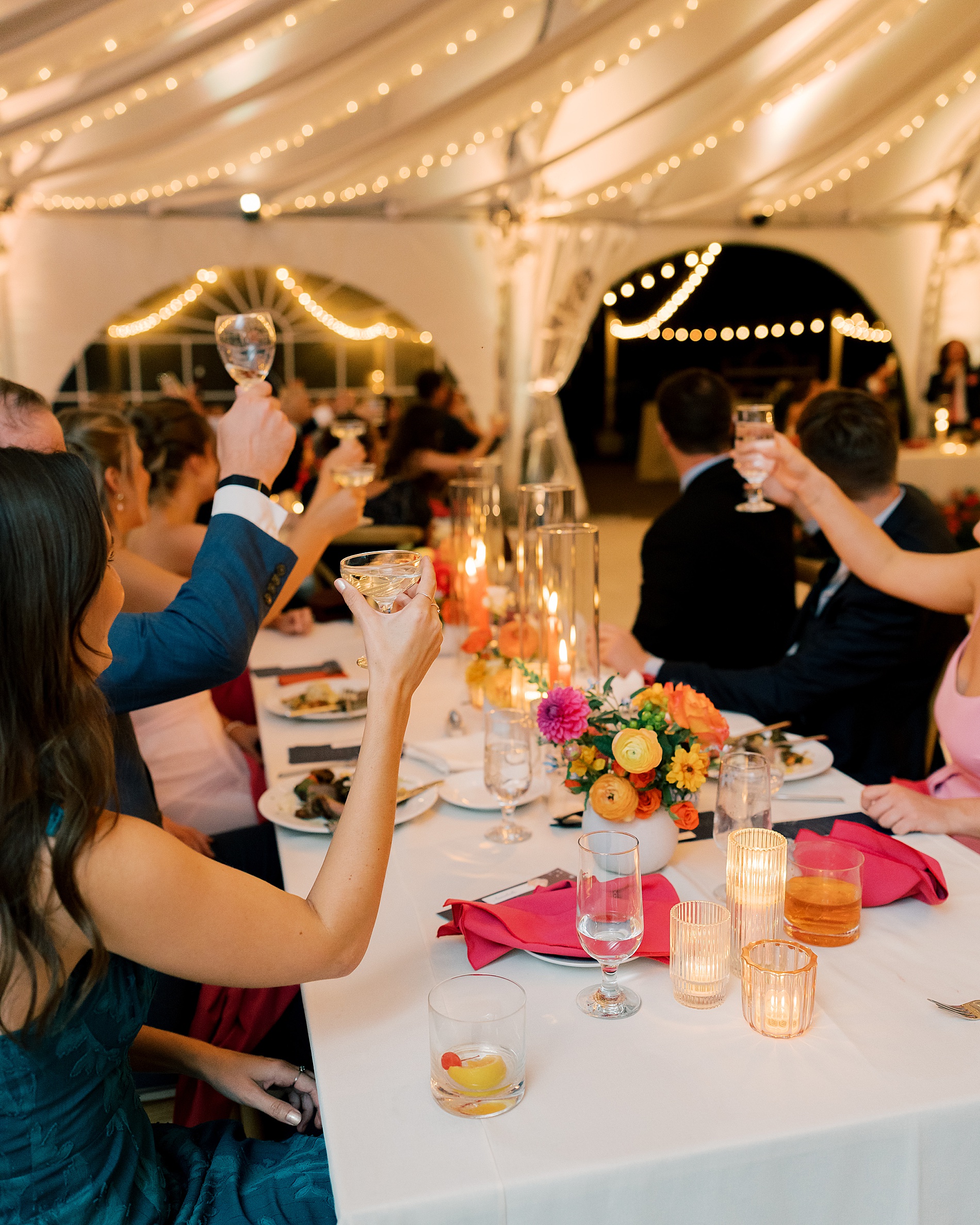 wedding guests raise their glasses to toast newlyweds