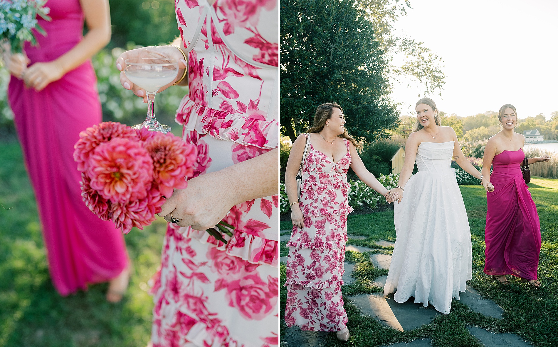 bride walks with bridesmaids in pink dresses